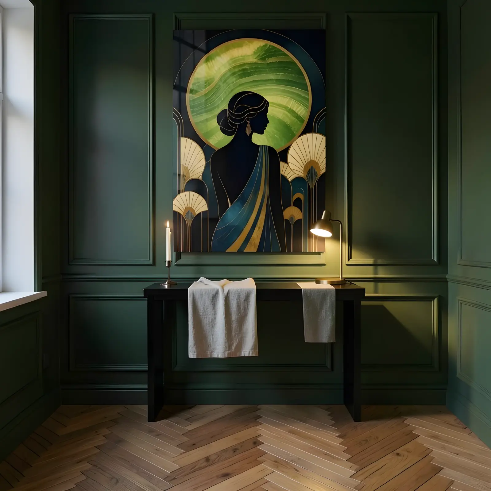 Art Deco Woman Portrait Green Onyx Arch Design | Glass Wall Art — 5