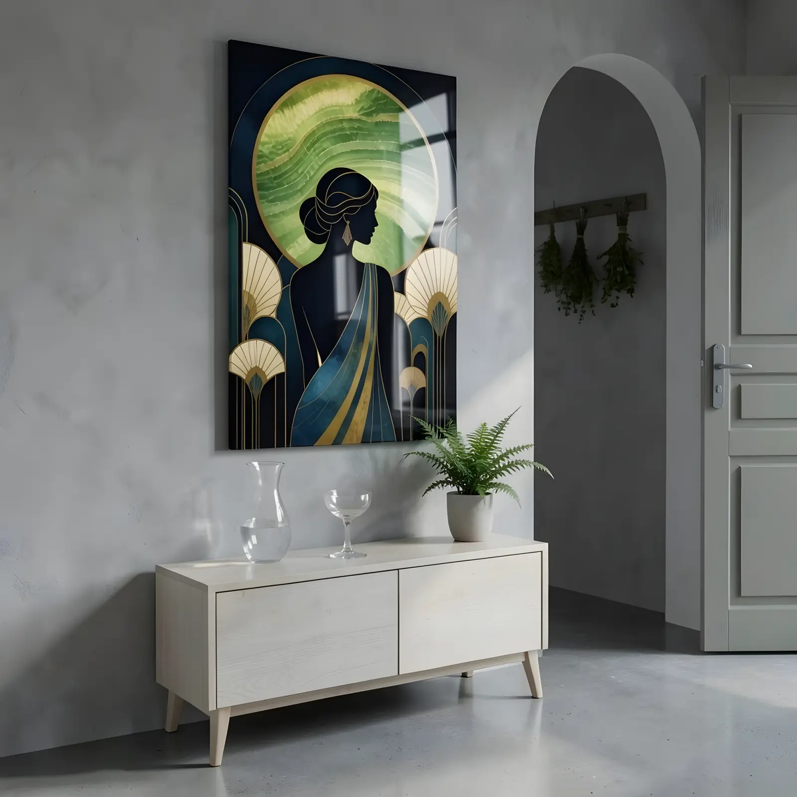 Art Deco Woman Portrait Green Onyx Arch Design | Glass Wall Art — 6