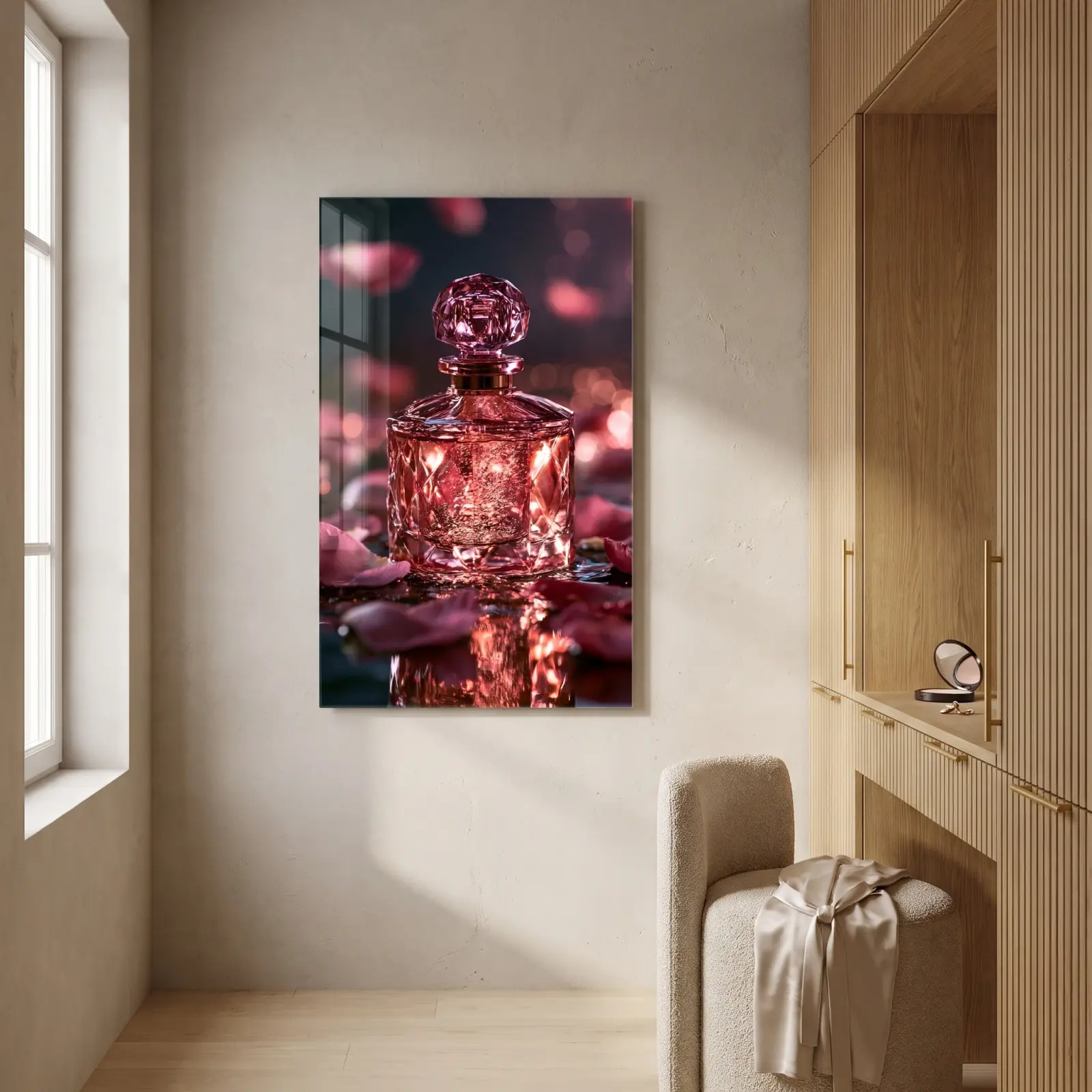 Pink Perfume Bottle Rose Petal Luxury Glass Wall Art
