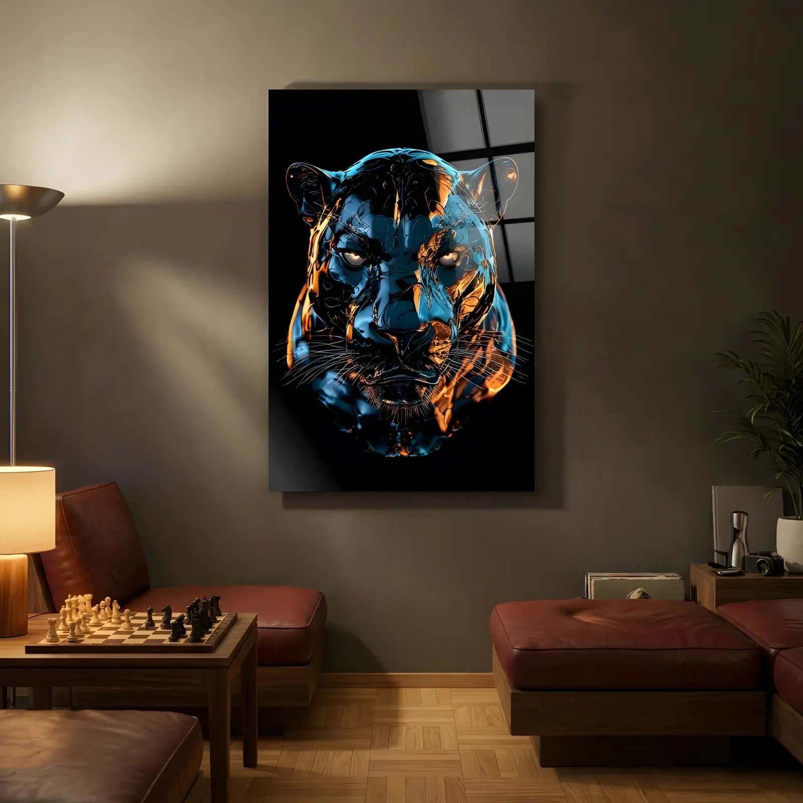Panther Glass Wall Art Neon Blue Orange Big Cat Glass Wall Decor