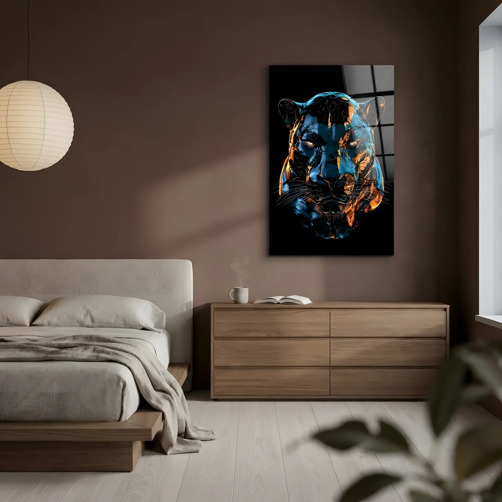 Panther Glass Wall Art Neon Blue Orange Big Cat Glass Wall Decor — 2