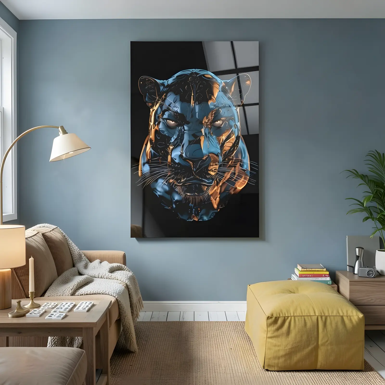 Panther Glass Wall Art Neon Blue Orange Big Cat Glass Wall Decor — 4