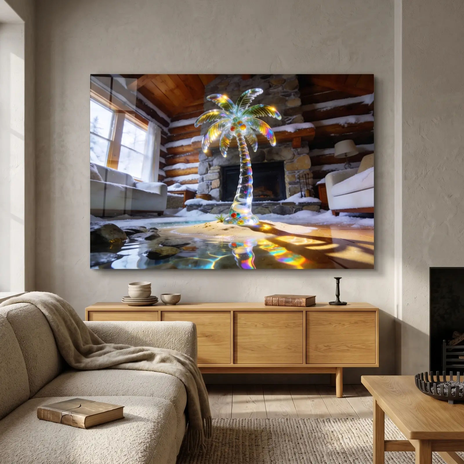 Crystal Palm Tree Snowy Cabin Scene | Glass Wall Art