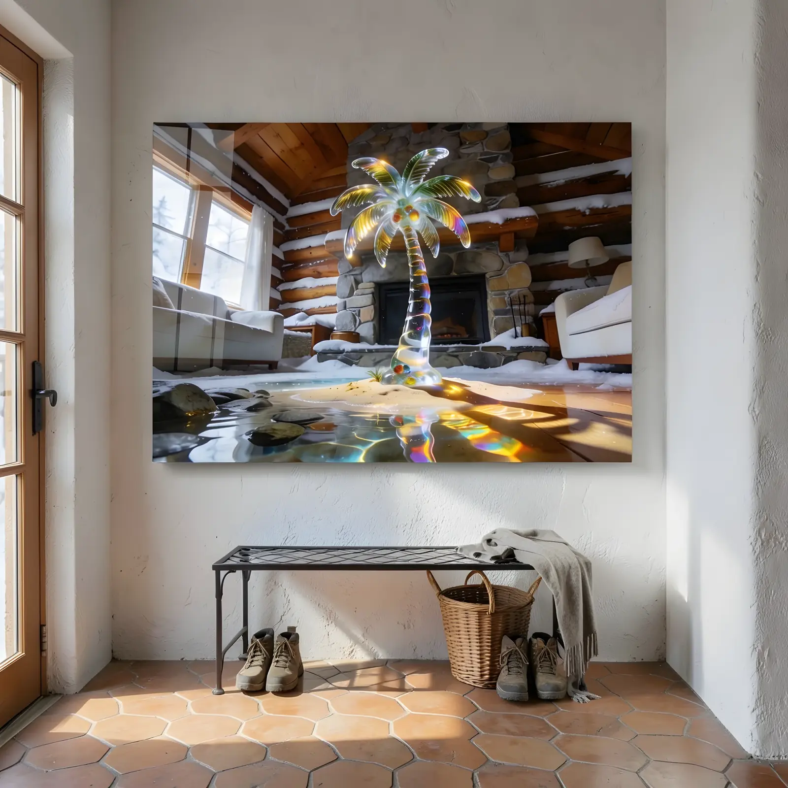 Crystal Palm Tree Snowy Cabin Scene | Glass Wall Art — 4
