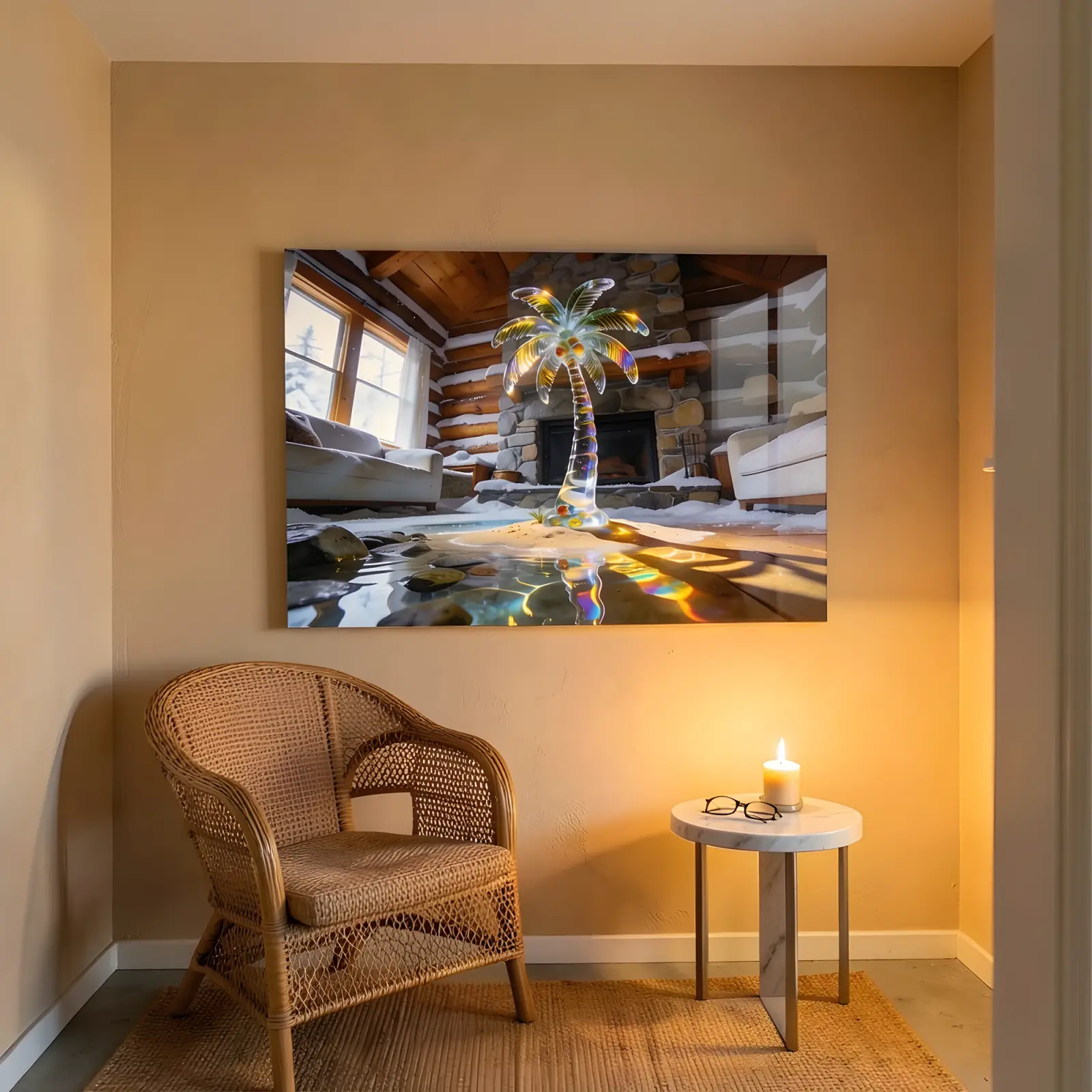 Crystal Palm Tree Snowy Cabin Scene | Glass Wall Art — 7