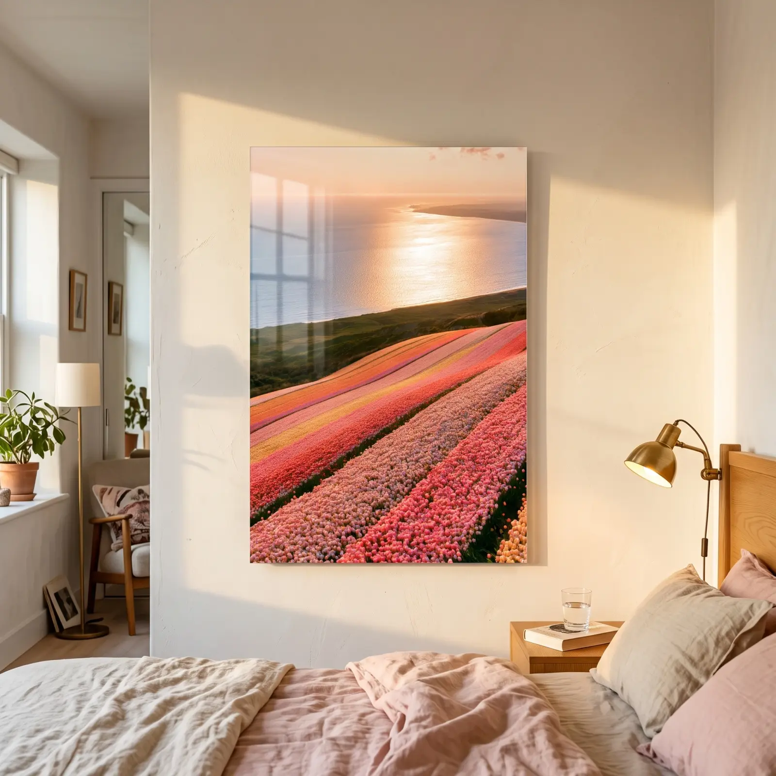 Tulip Field Coastal Sunset Landscape | Glass Wall Art