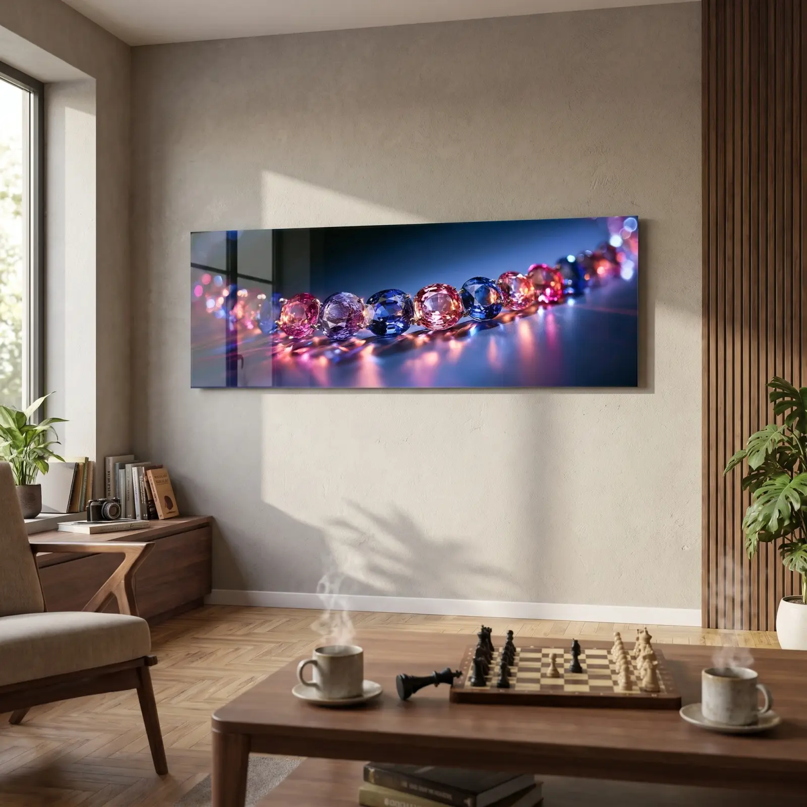 Gemstone Wall Art Sapphire Jewel Bokeh Panorama | Glass Wall Art