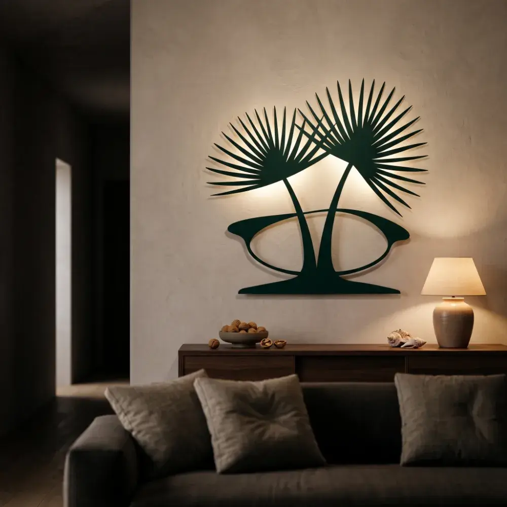 Palm Leaf Metal LED Wall Art – Fan Palm Duet, Living Room Backlit Decor