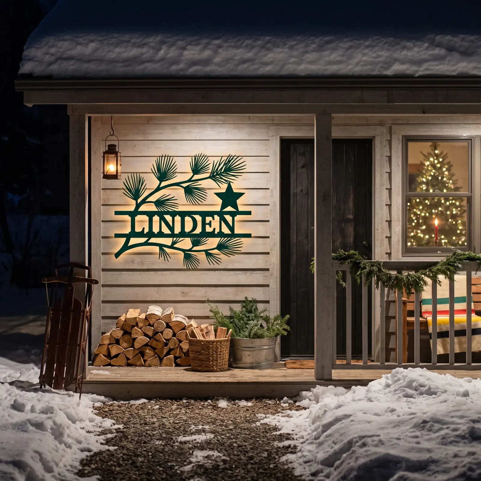 Personalized Christmas Pine Metal Wall Art LED Backlit – Timber Hush, Front Porch Family Name Decor