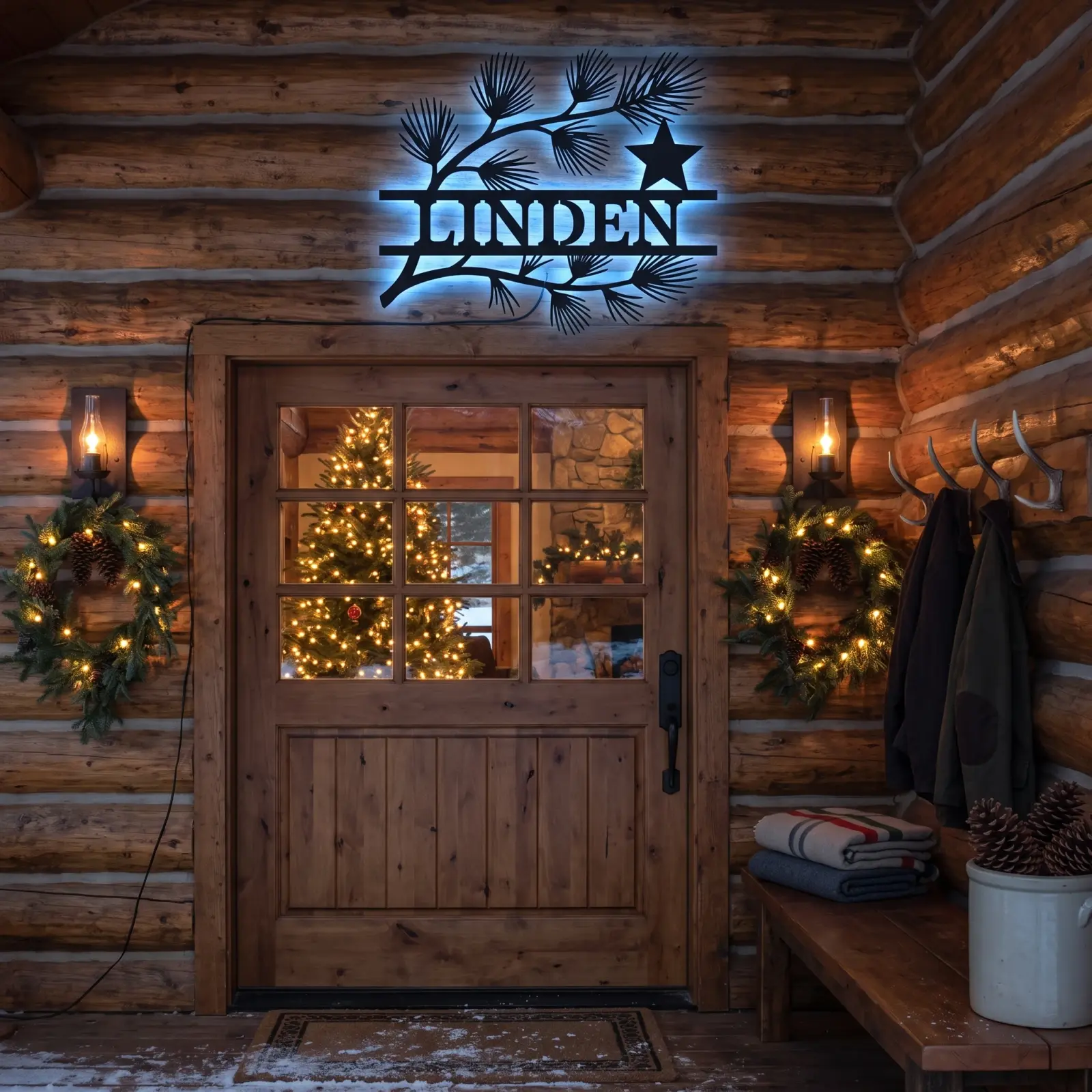 Personalized Christmas Pine Metal Wall Art LED Backlit – Timber Hush, Front Porch Family Name Decor — 3