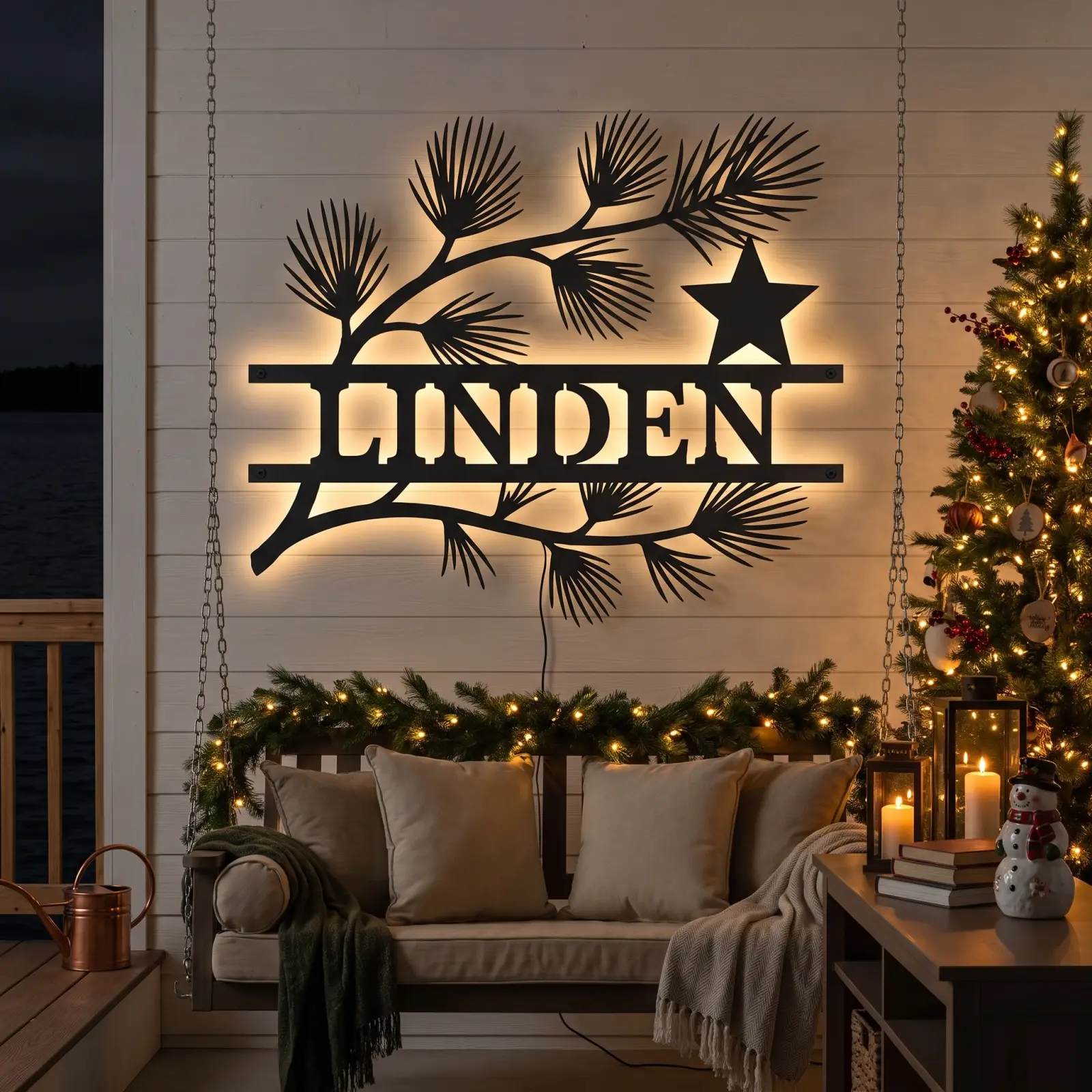 Personalized Christmas Pine Metal Wall Art LED Backlit – Timber Hush, Front Porch Family Name Decor — 4