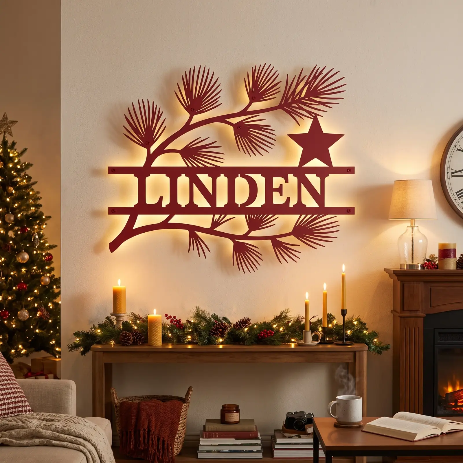 Personalized Christmas Pine Metal Wall Art LED Backlit – Timber Hush, Front Porch Family Name Decor — 6