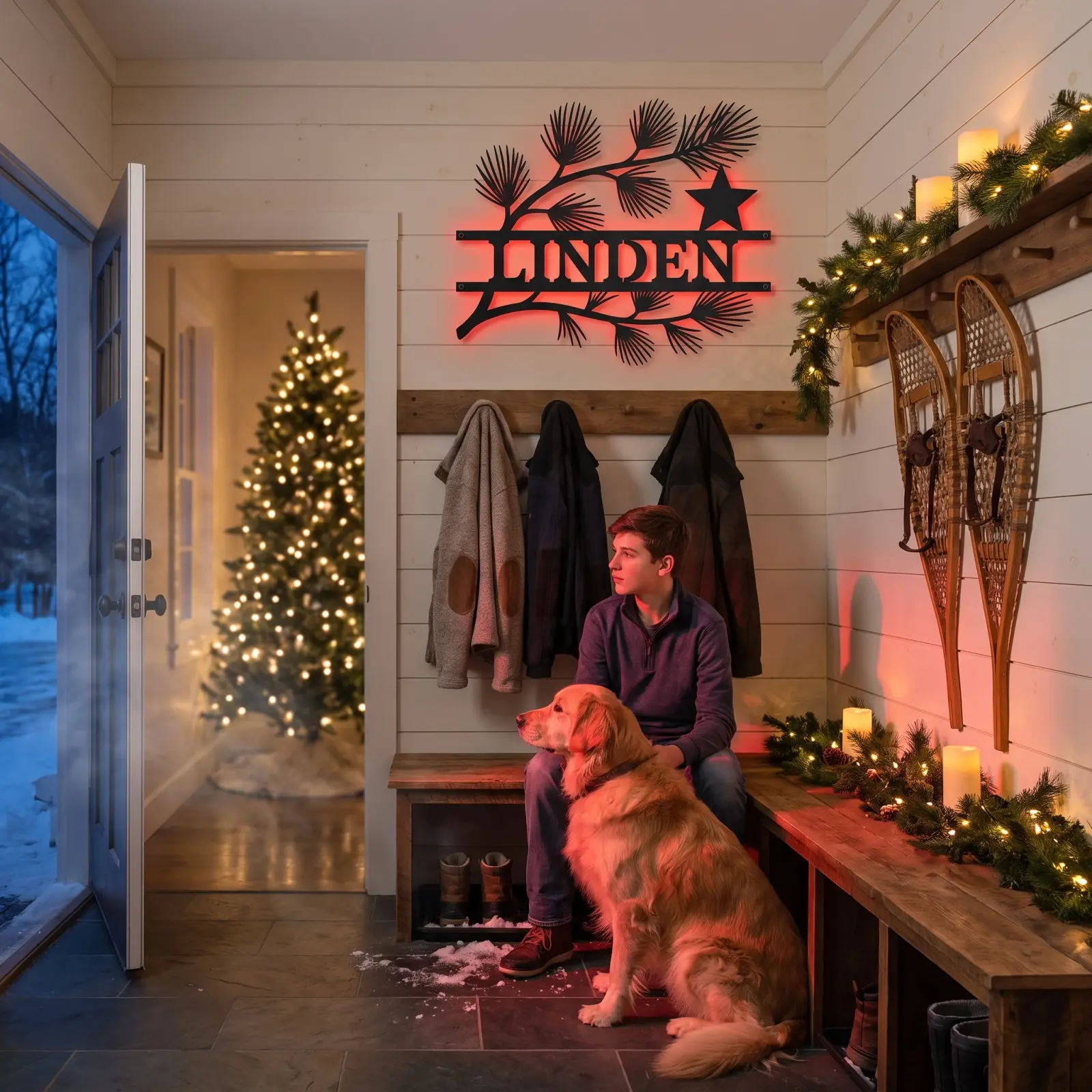Personalized Christmas Pine Metal Wall Art LED Backlit – Timber Hush, Front Porch Family Name Decor — 7