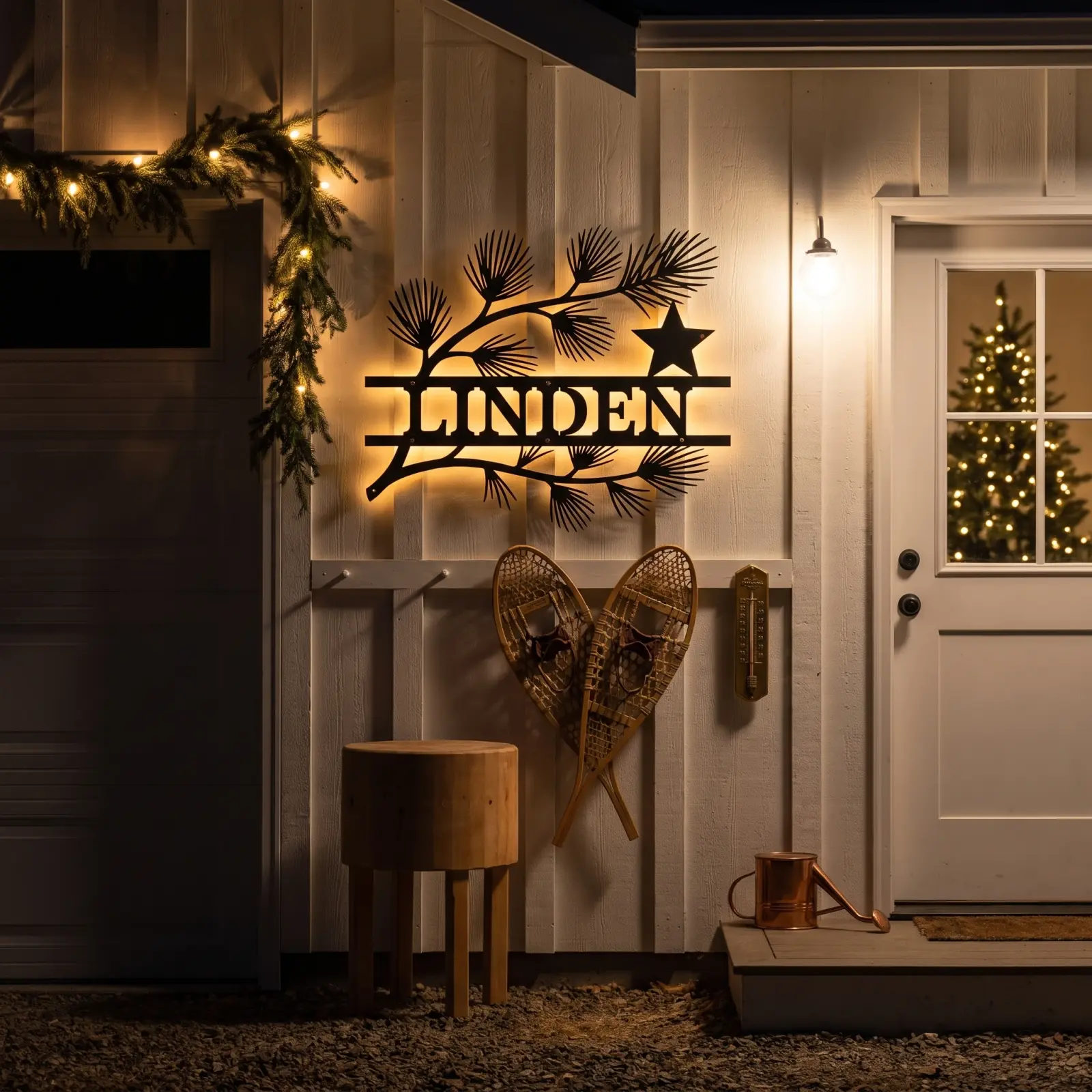Personalized Christmas Pine Metal Wall Art LED Backlit – Timber Hush, Front Porch Family Name Decor — 8