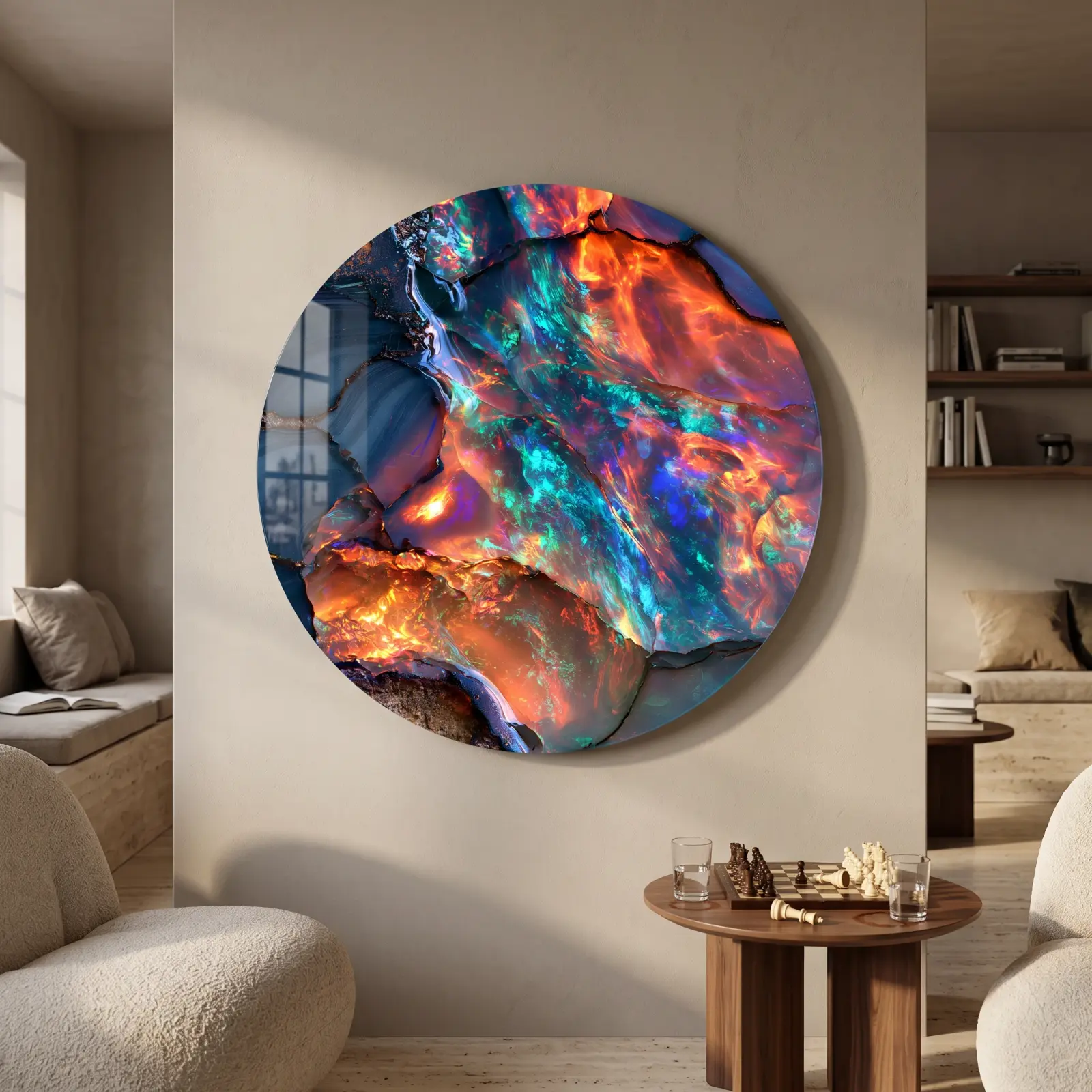 Abstract Opal Glass Wall Art Orange Teal Round Glass Wall Decor