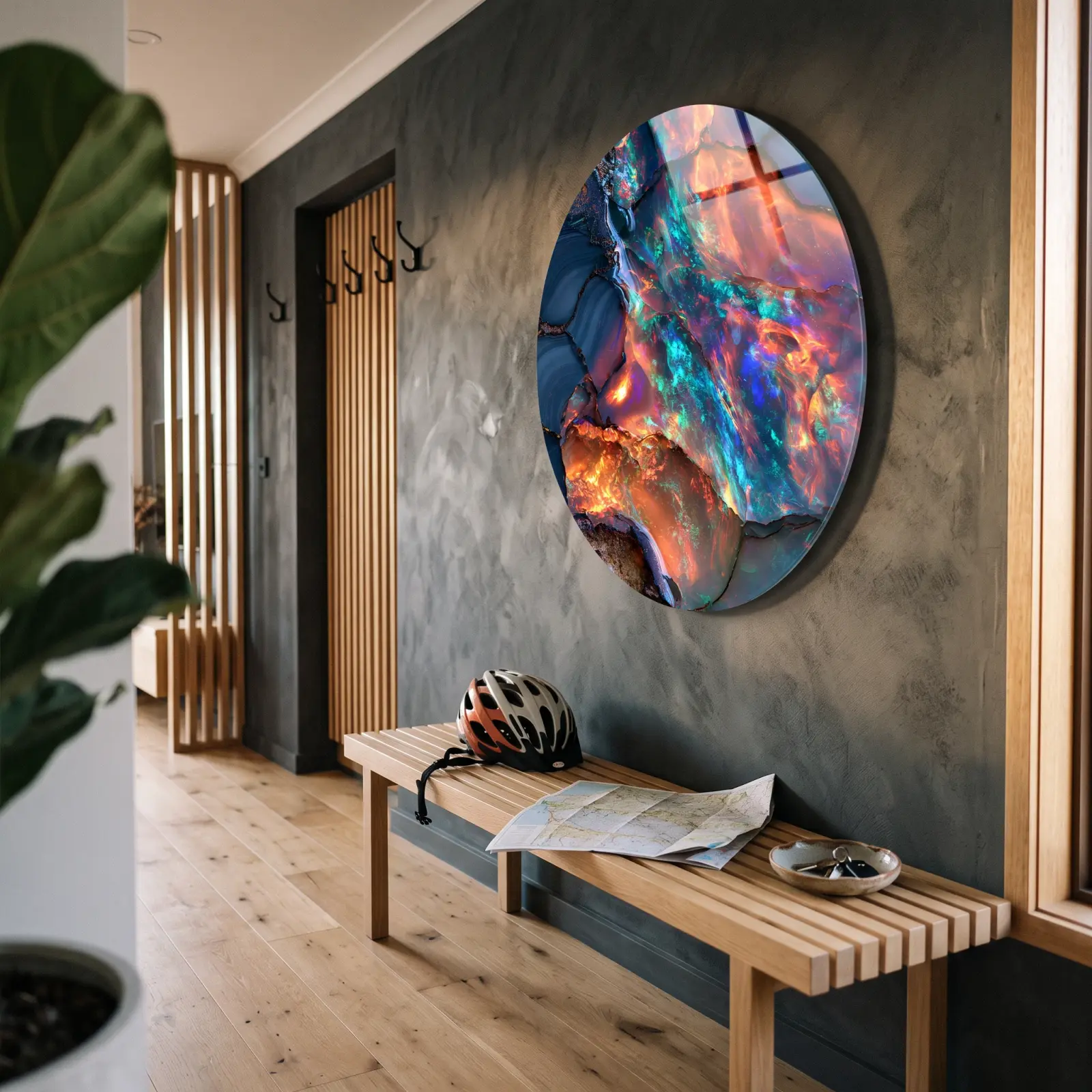Abstract Opal Glass Wall Art Orange Teal Round Glass Wall Decor — 2
