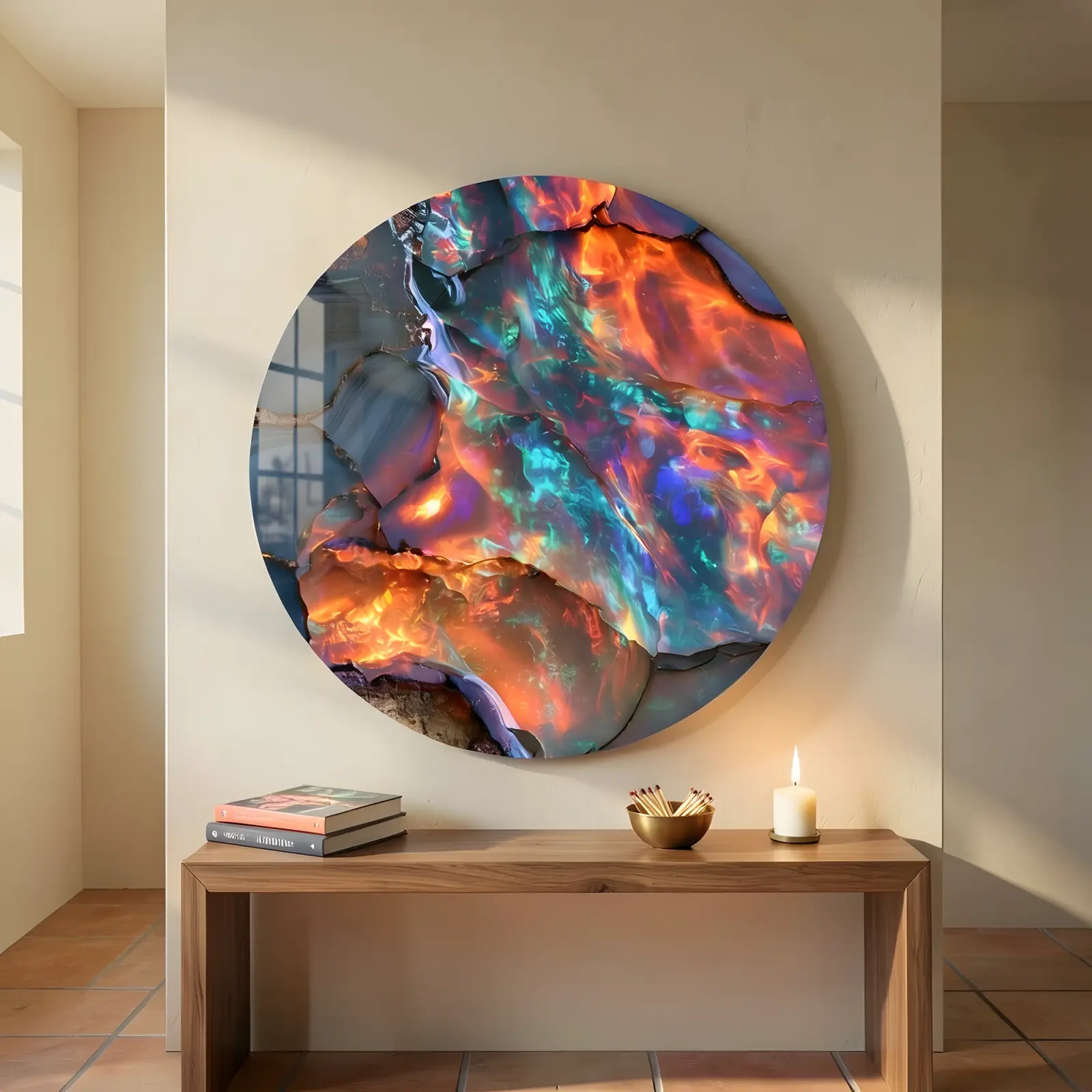 Abstract Opal Glass Wall Art Orange Teal Round Glass Wall Decor — 4