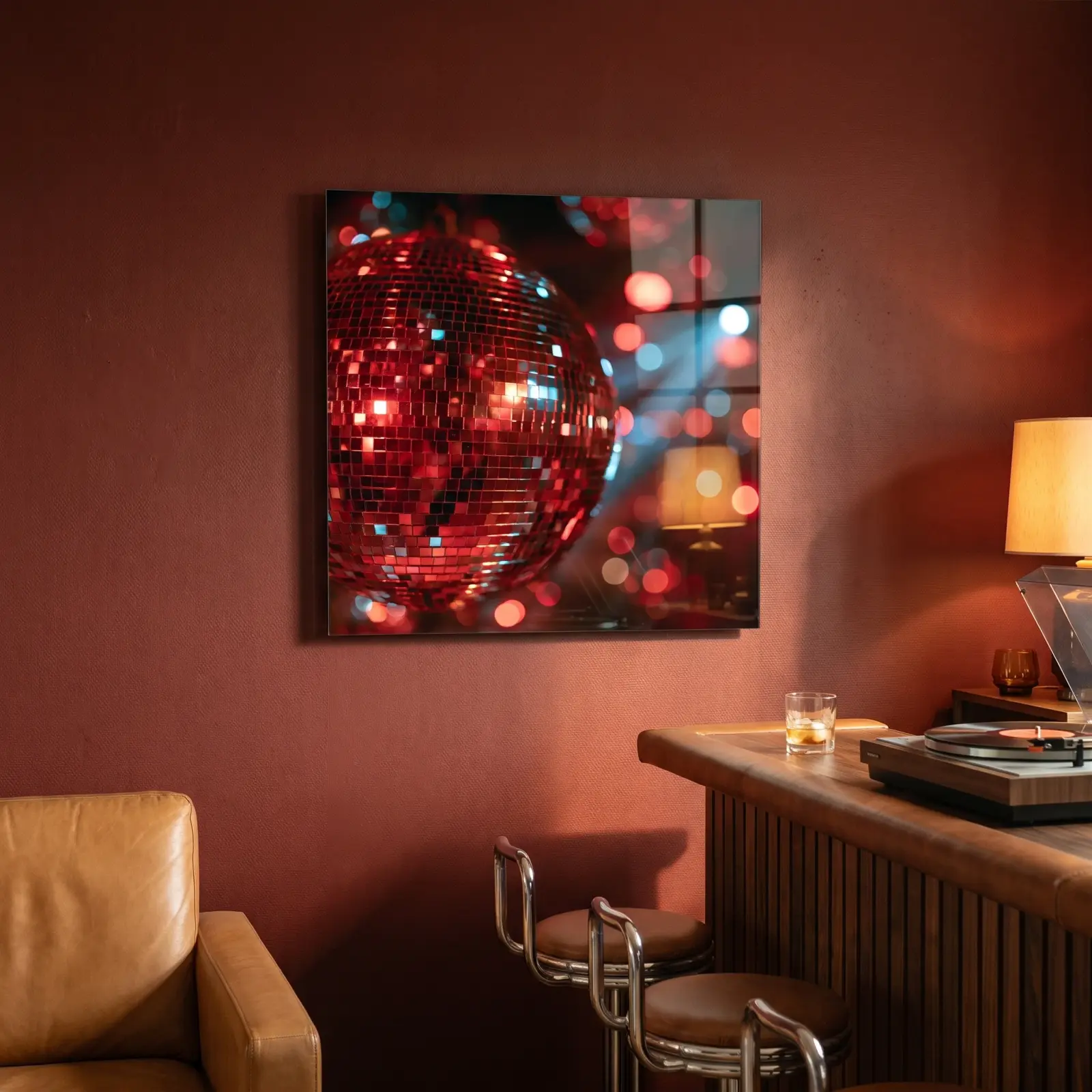 Disco Ball Wall Art Red Nightclub Macro | Glass Wall Art