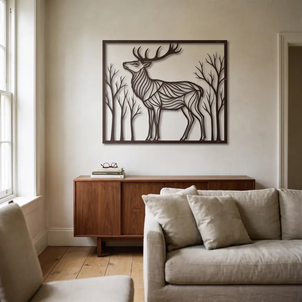 Deer Metal Wall Art Forest Silhouette – Woodland Sovereign, Living Room Decor