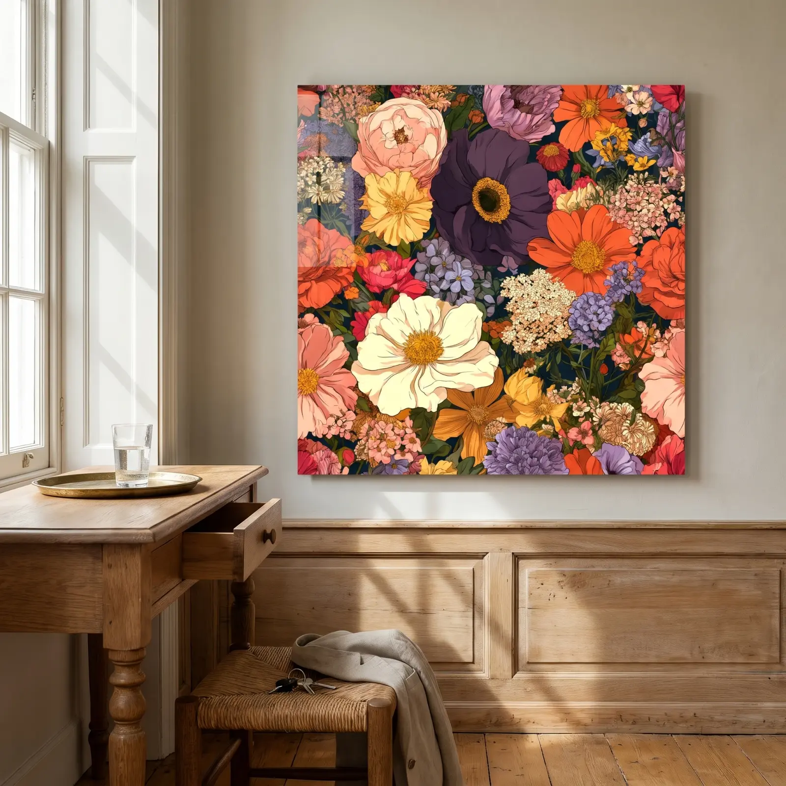 Floral Tempered Glass Wall Art Dark Botanical Bouquet | Glass Wall Decor