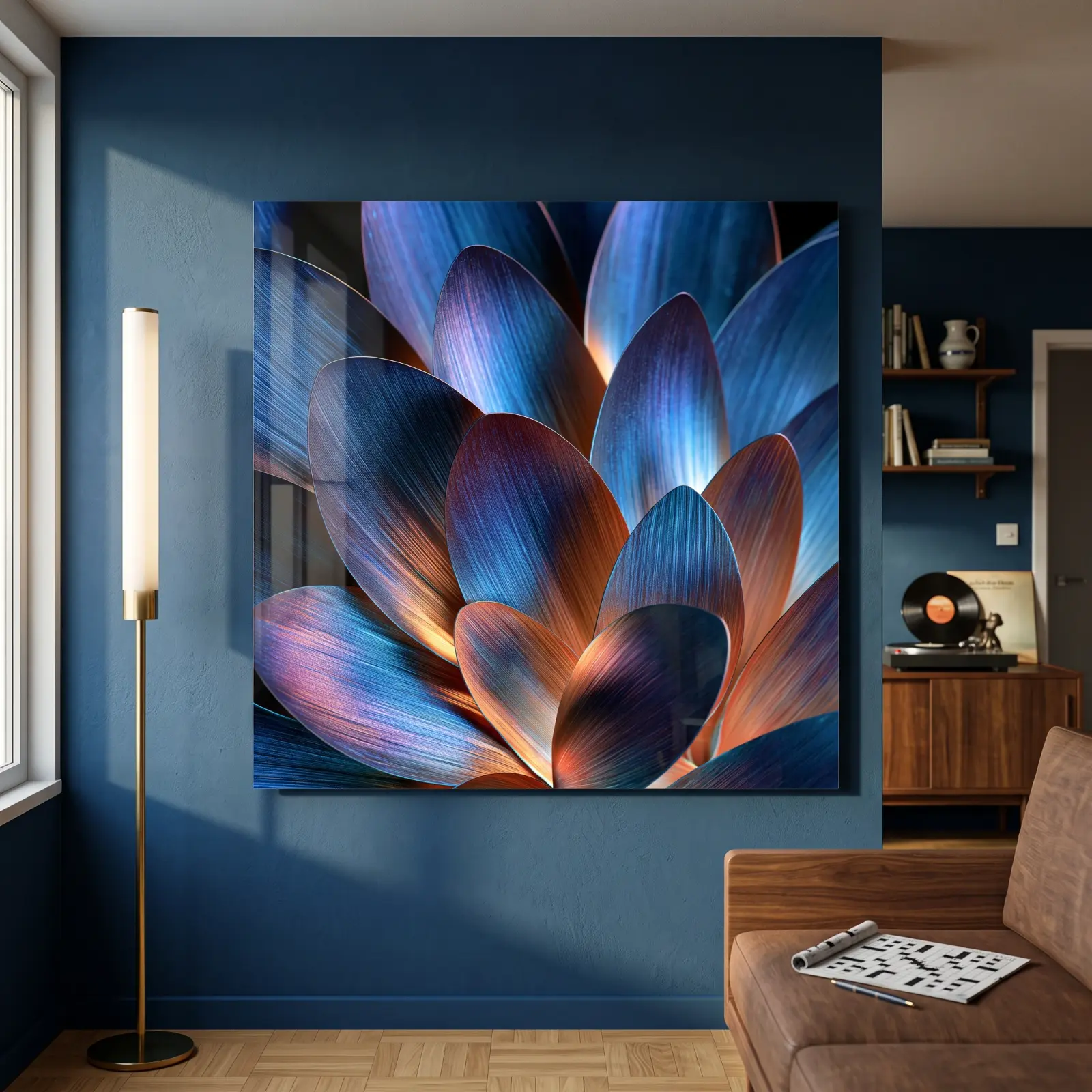 Blue Copper Lotus Petals Macro Botanical | Glass Wall Art