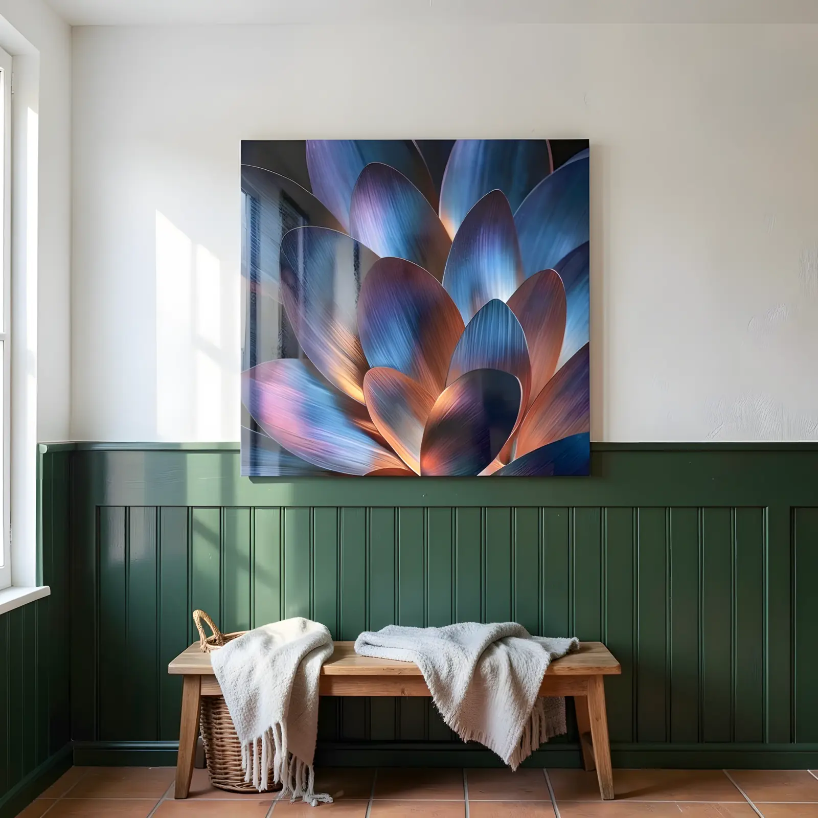 Blue Copper Lotus Petals Macro Botanical | Glass Wall Art — 4