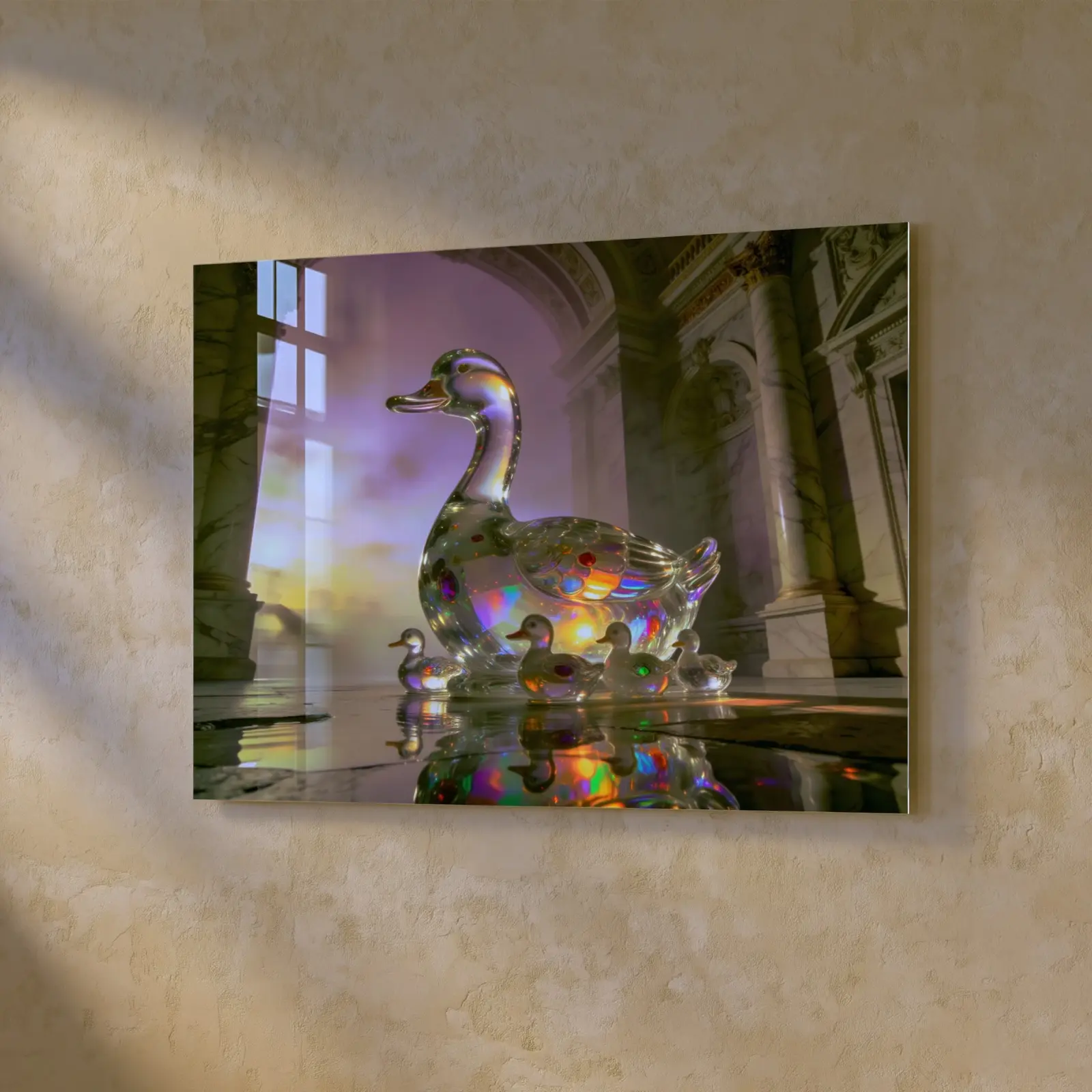 Crystal Duck Family Art Iridescent Marble Hall | Glass Wall Art