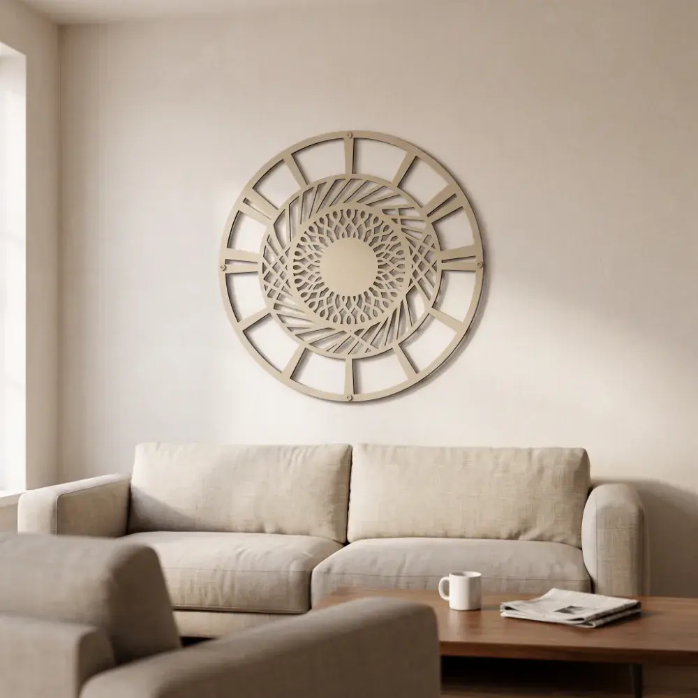 Mandala Metal Wall Art Round Geometric Decor – Solaris Coil, Living Room Statement Piece