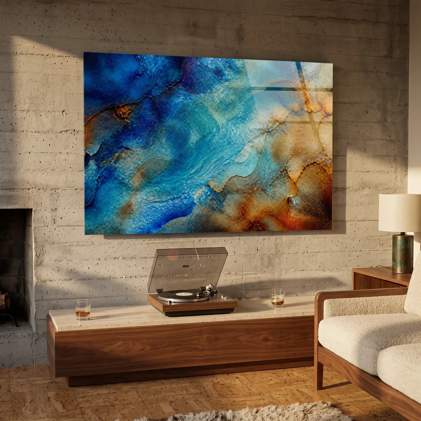 Ocean Blue Abstract Wall Art Copper Vein Texture | Glass Wall Art