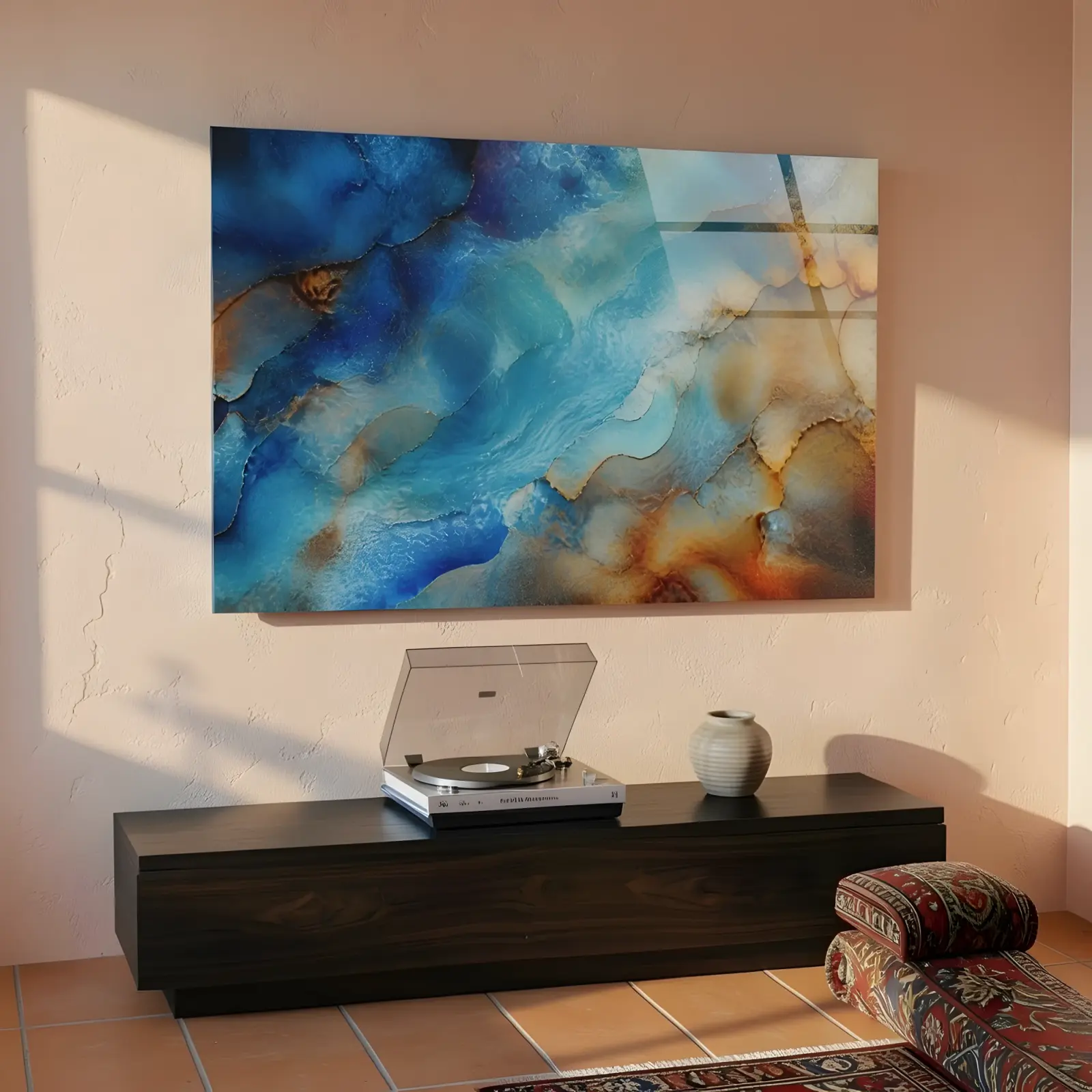 Ocean Blue Abstract Wall Art Copper Vein Texture | Glass Wall Art — 4