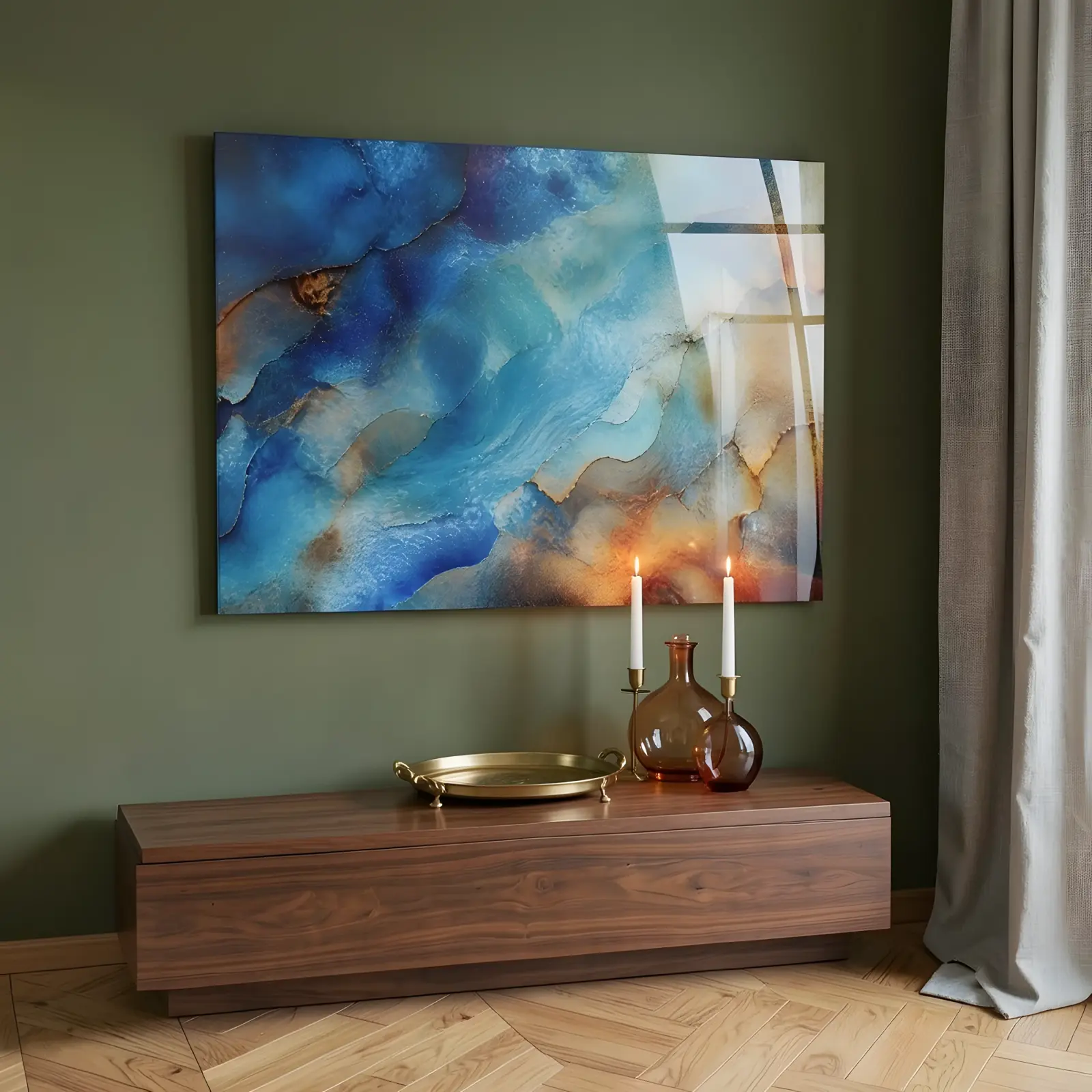 Ocean Blue Abstract Wall Art Copper Vein Texture | Glass Wall Art — 5