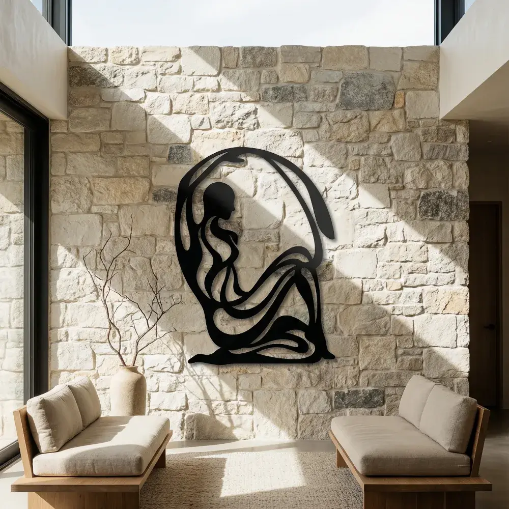 Abstract Female Figure Metal Wall Art – Contemplative Embrace, Primary Bedroom Decor