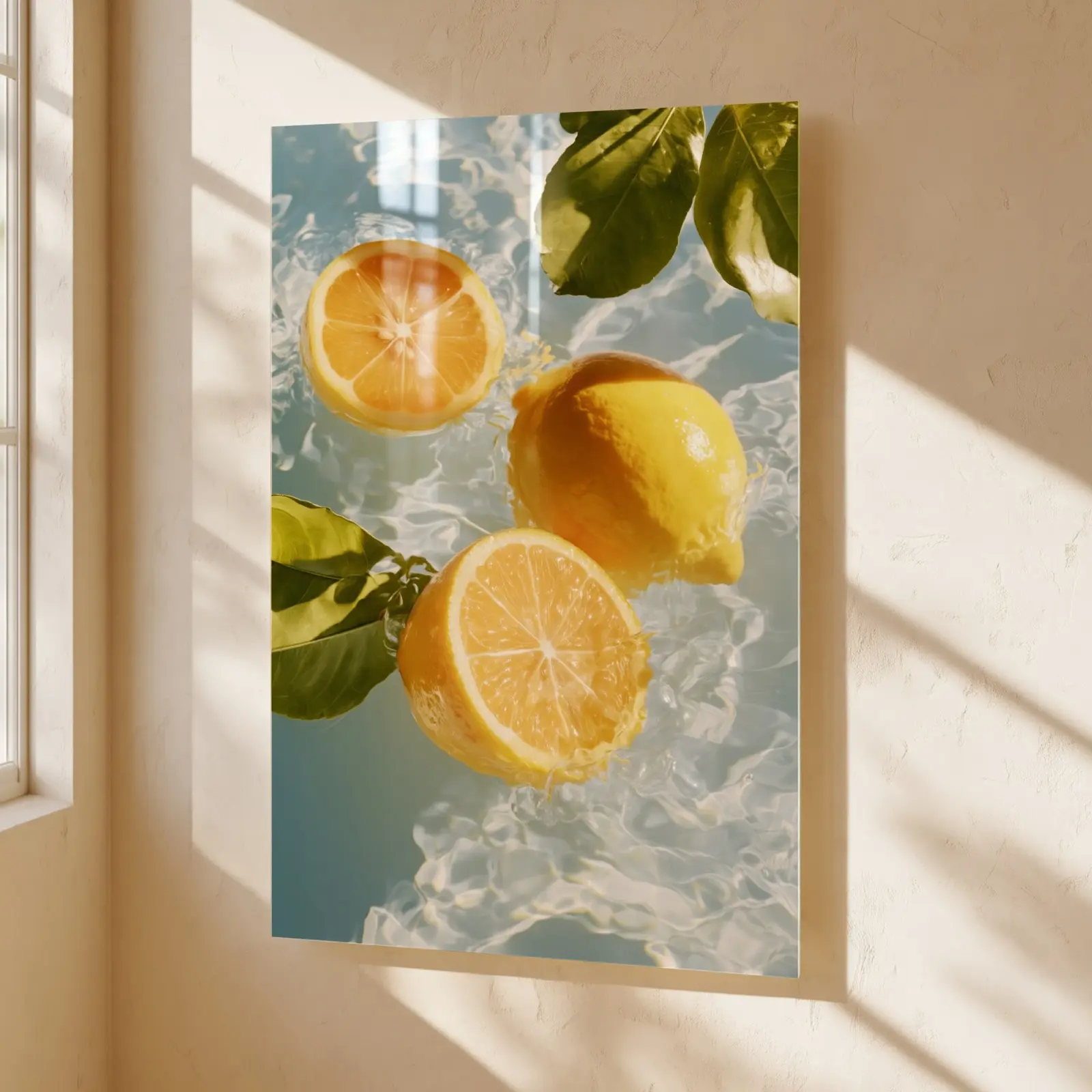 Lemon Citrus Wall Art Fresh Water Blue Kitchen | Glass Wall Art