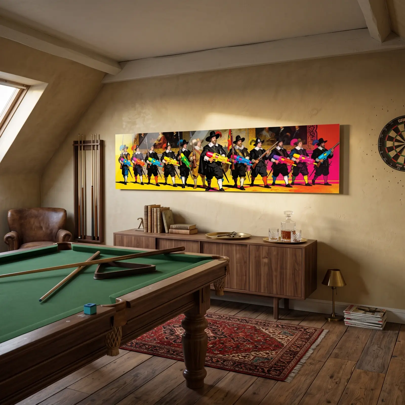Pop Art Musketeers Water Gun Panorama | Glass Wall Art
