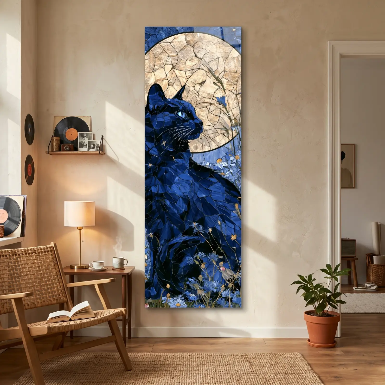 Stained Glass Cat Moon Floral Nocturne | Glass Wall Art