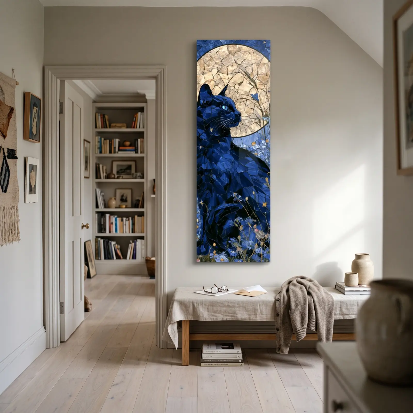 Stained Glass Cat Moon Floral Nocturne | Glass Wall Art — 2