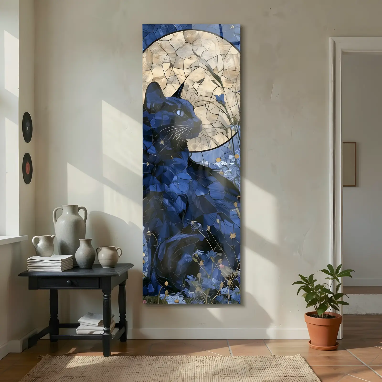 Stained Glass Cat Moon Floral Nocturne | Glass Wall Art — 4