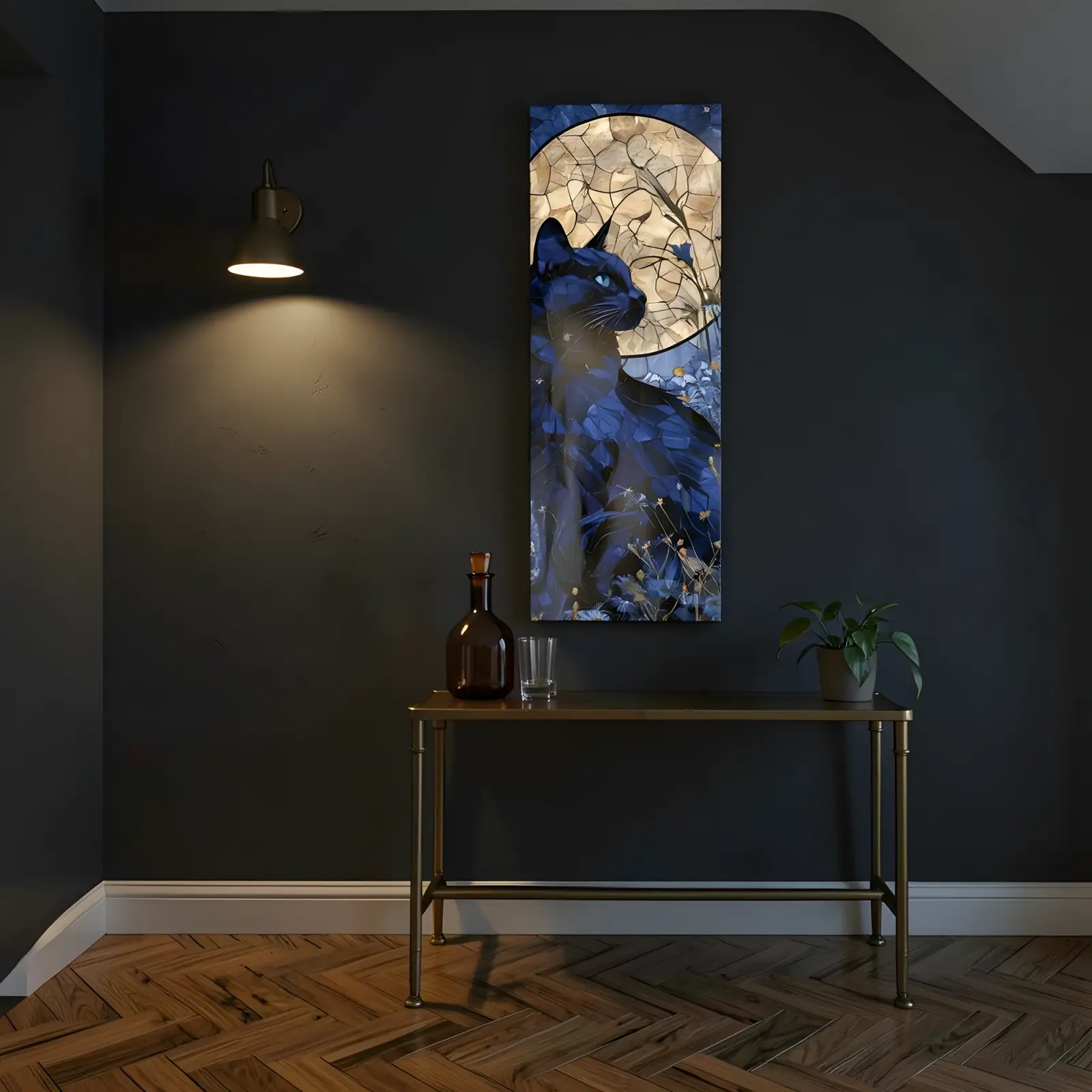 Stained Glass Cat Moon Floral Nocturne | Glass Wall Art — 5