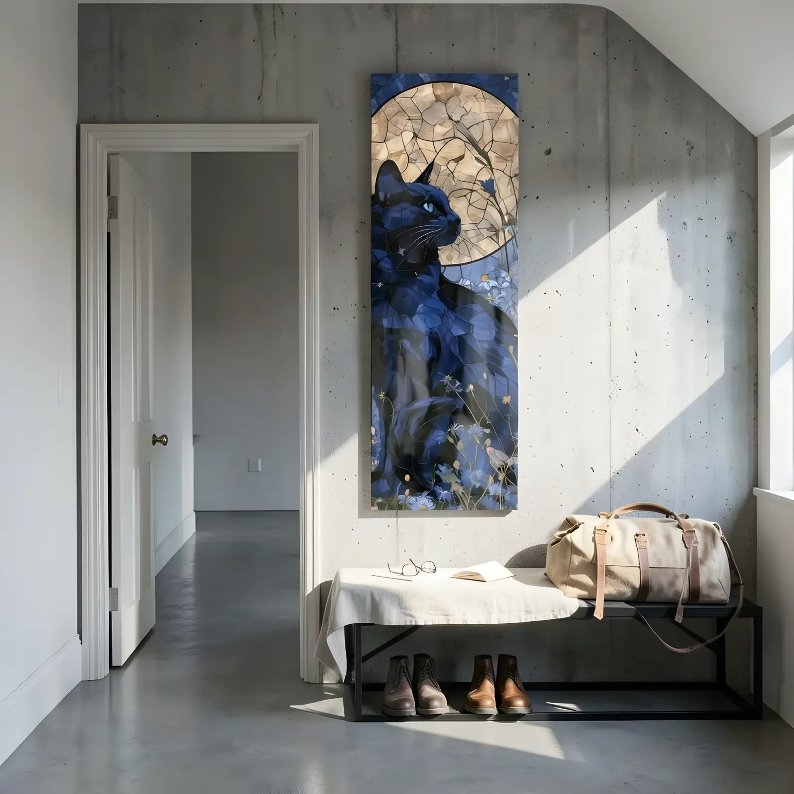 Stained Glass Cat Moon Floral Nocturne | Glass Wall Art — 6