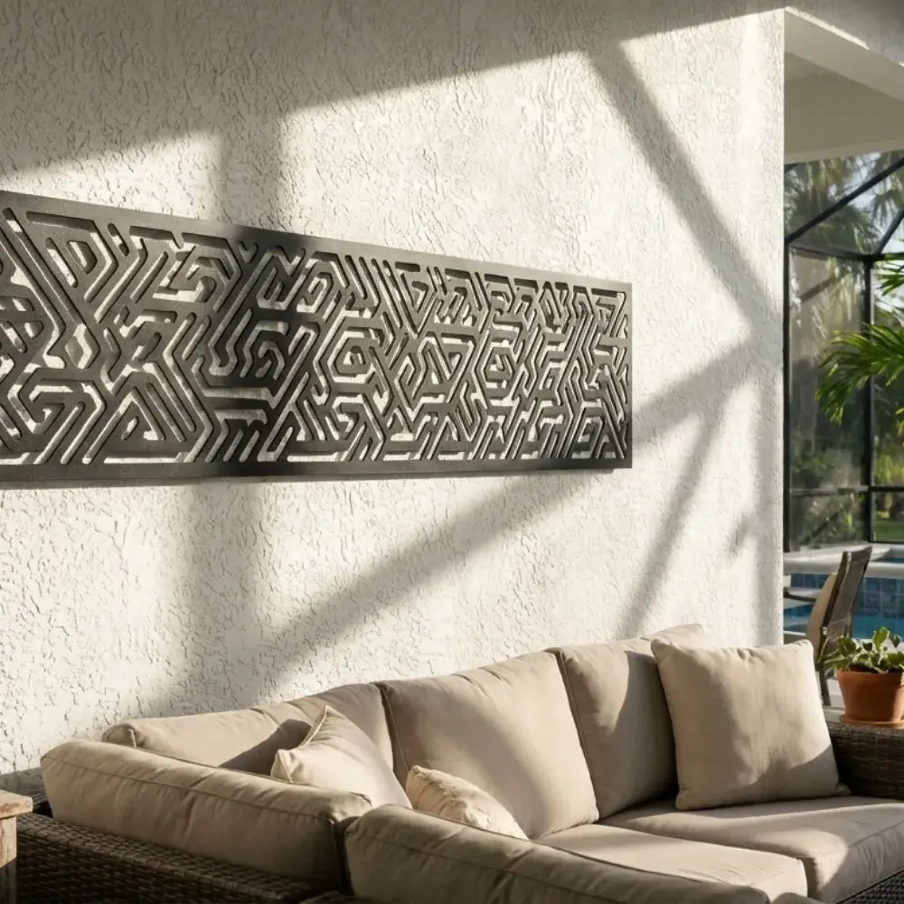 Tribal Geometric Metal Wall Art – Labyrinth Line Panel, Above Bed Decor
