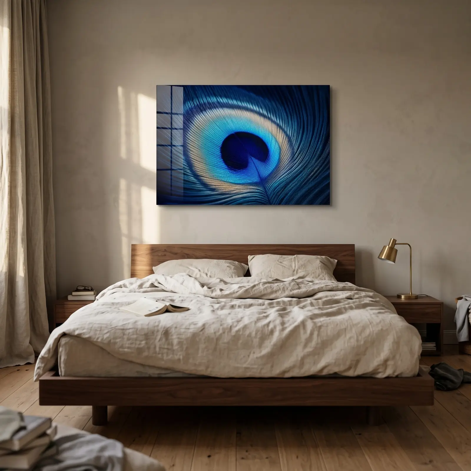 Peacock Feather Wall Art Sapphire Blue Macro Plume | Glass Wall Art