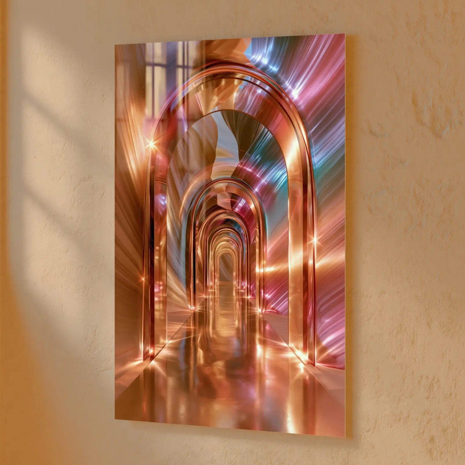 Iridescent Arch Glass Wall Art Chrome Corridor | Tempered Glass Print