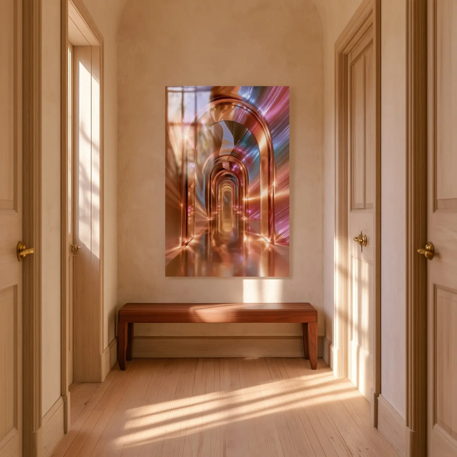 Iridescent Arch Glass Wall Art Chrome Corridor | Tempered Glass Print — 2