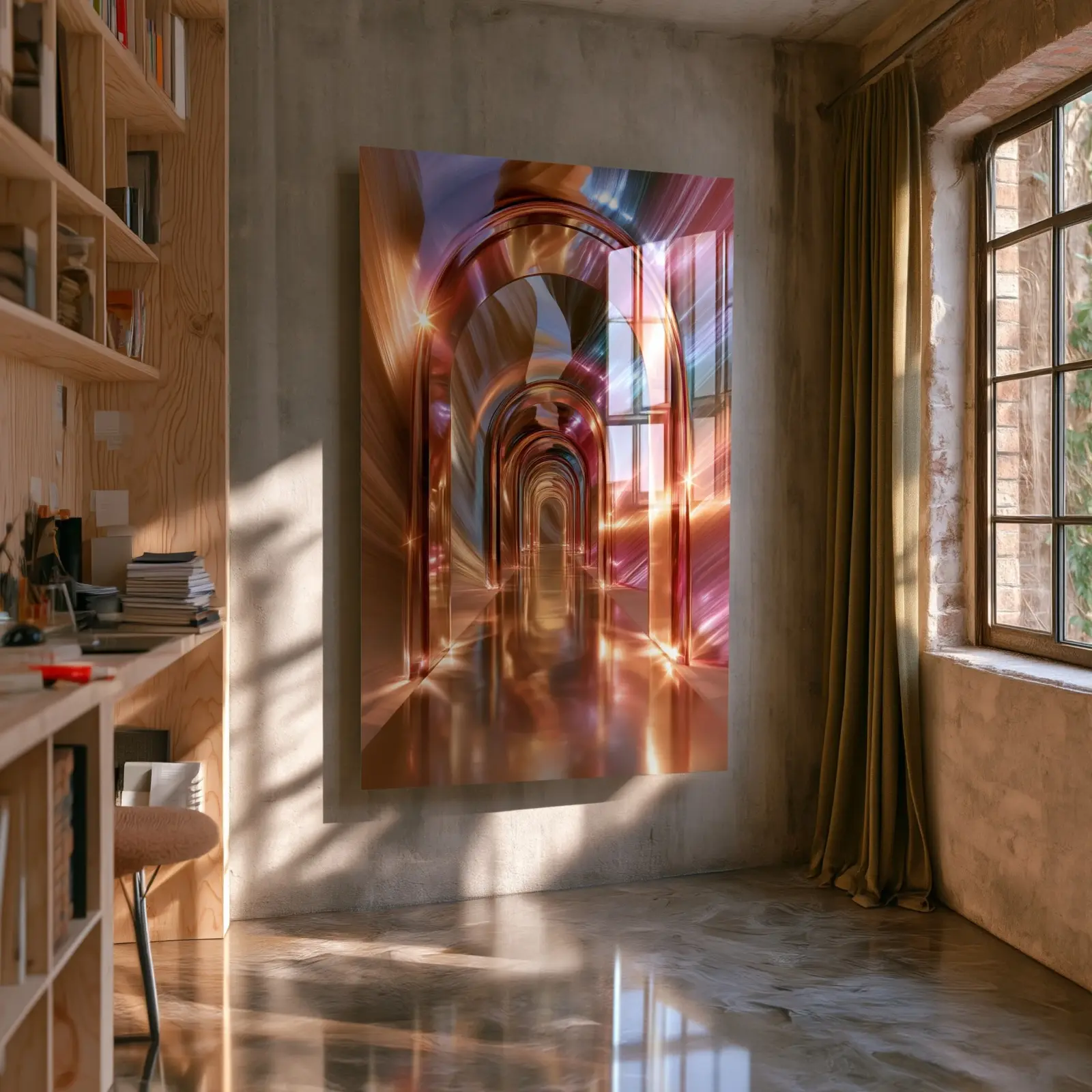 Iridescent Arch Glass Wall Art Chrome Corridor | Tempered Glass Print — 3