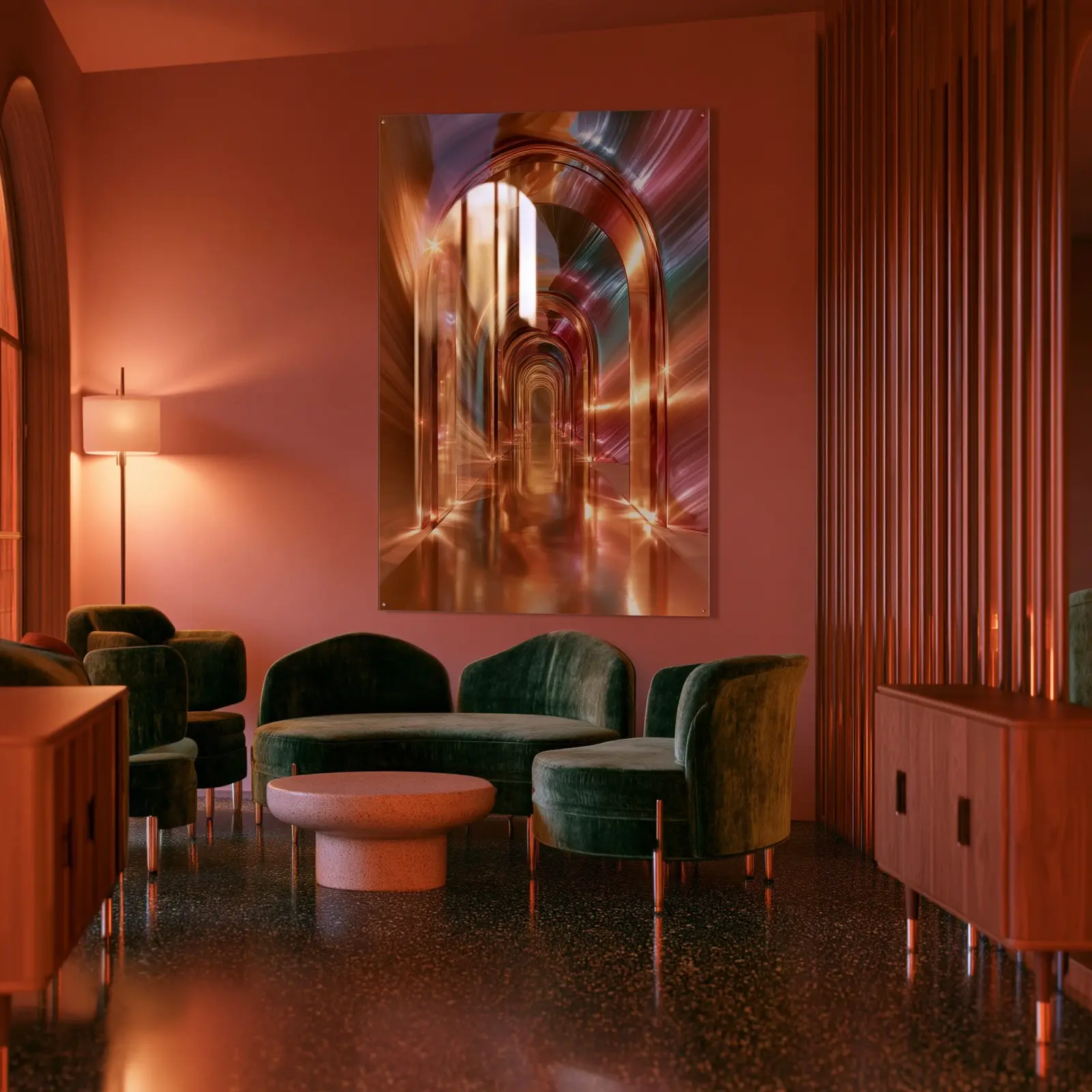 Iridescent Arch Glass Wall Art Chrome Corridor | Tempered Glass Print — 4