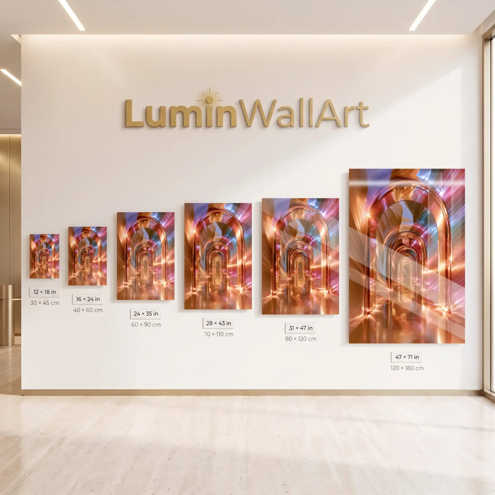 Iridescent Arch Glass Wall Art Chrome Corridor | Tempered Glass Print — 5