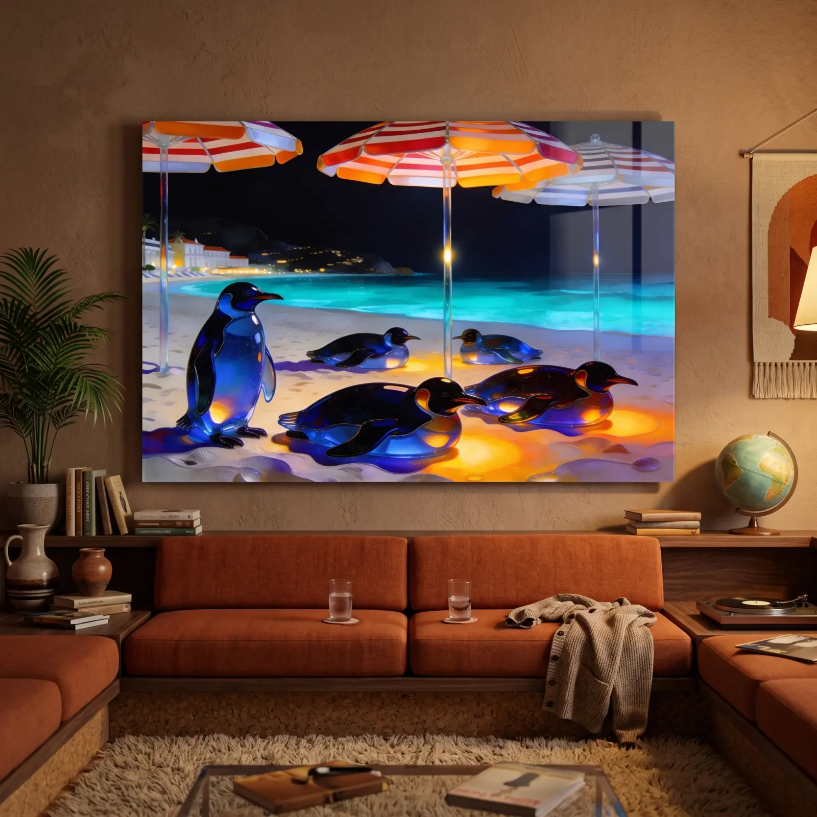 Penguin Beach Wall Art Glowing Night Shore Scene | Glass Wall Art