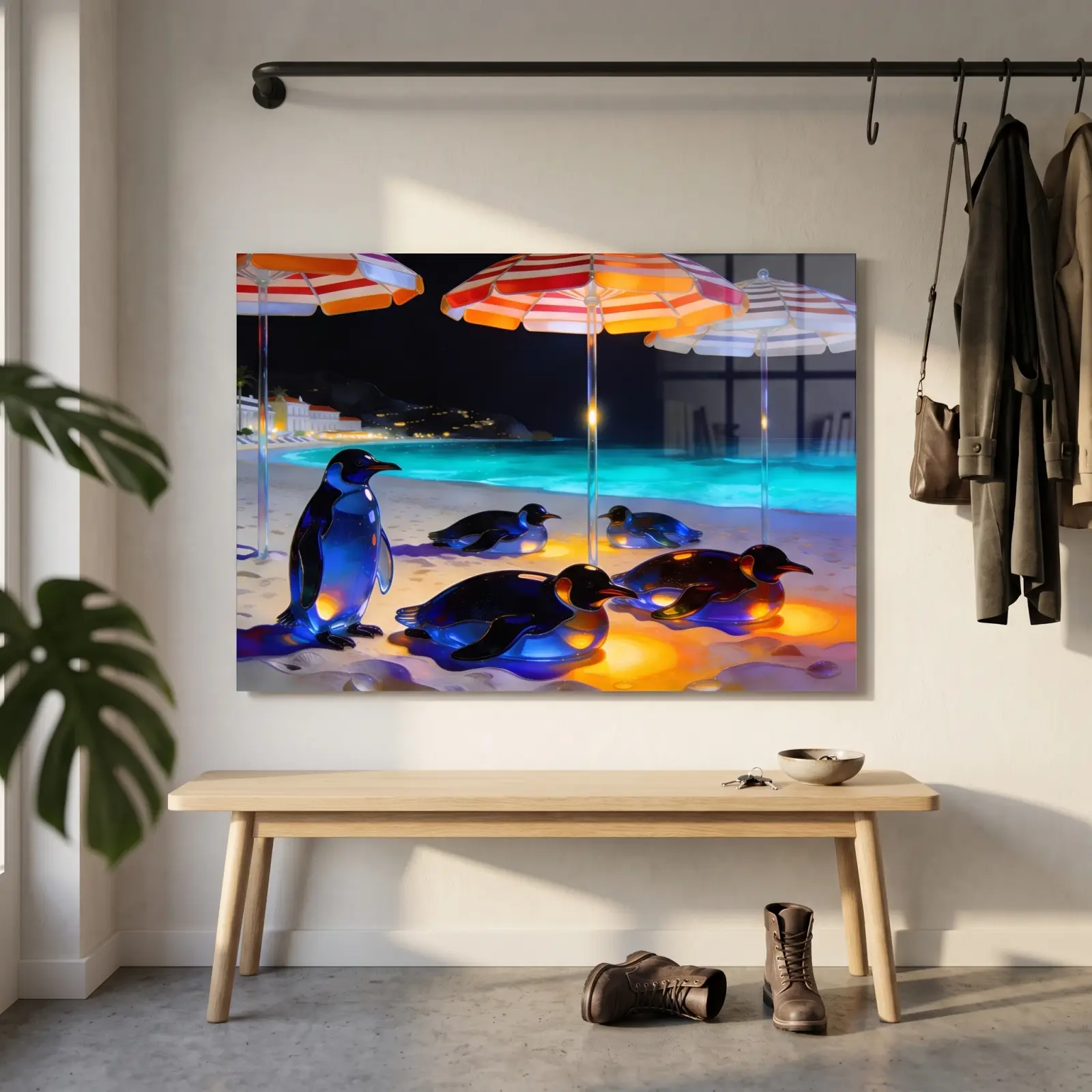 Penguin Beach Wall Art Glowing Night Shore Scene | Glass Wall Art — 2