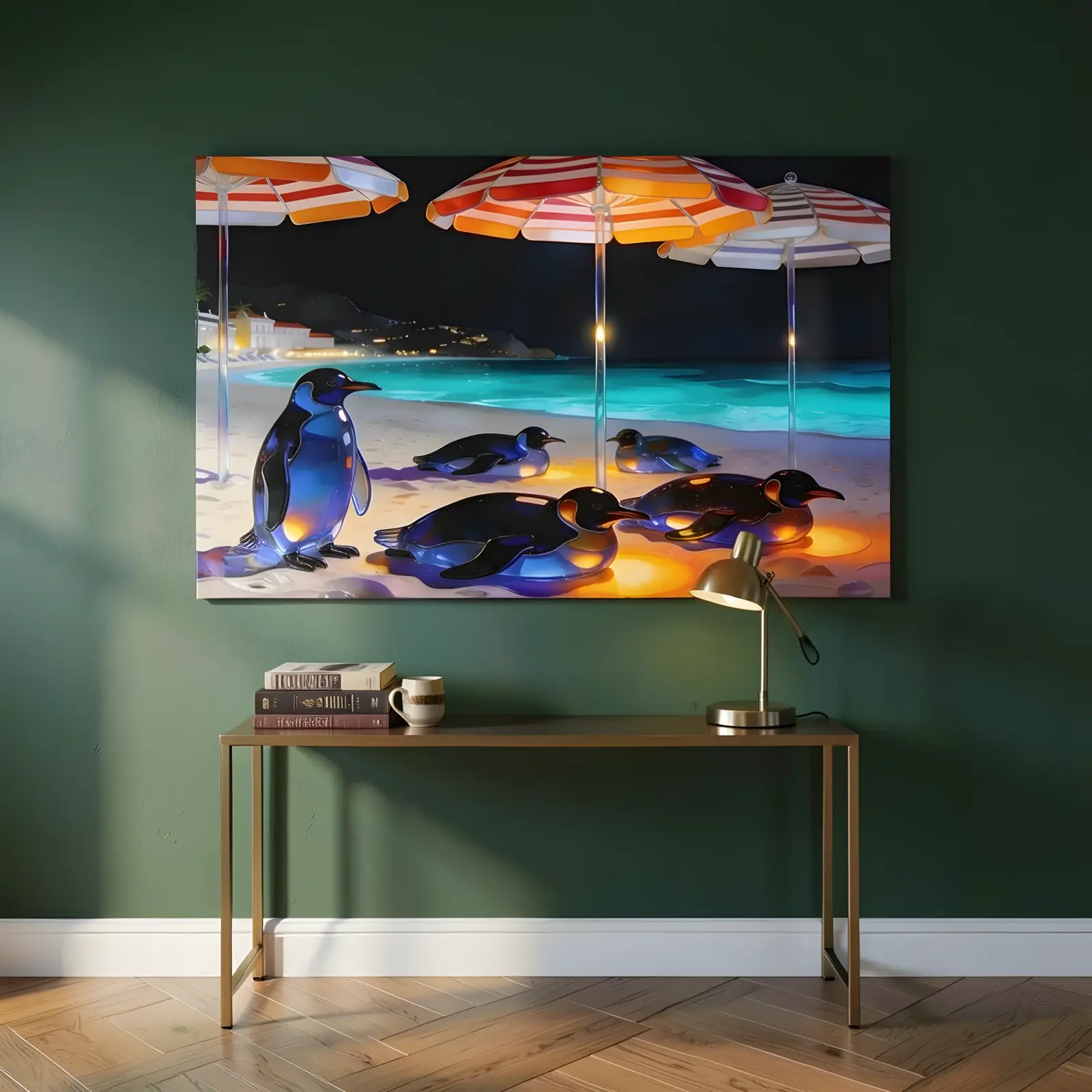 Penguin Beach Wall Art Glowing Night Shore Scene | Glass Wall Art — 4