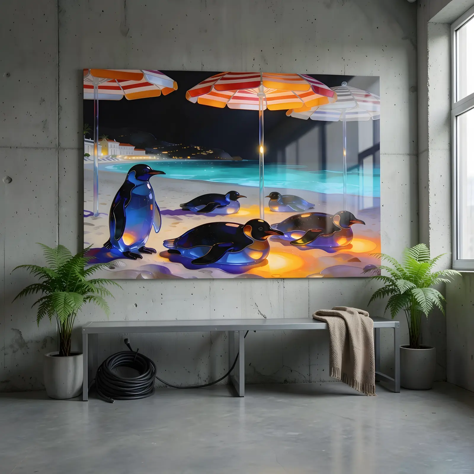 Penguin Beach Wall Art Glowing Night Shore Scene | Glass Wall Art — 5